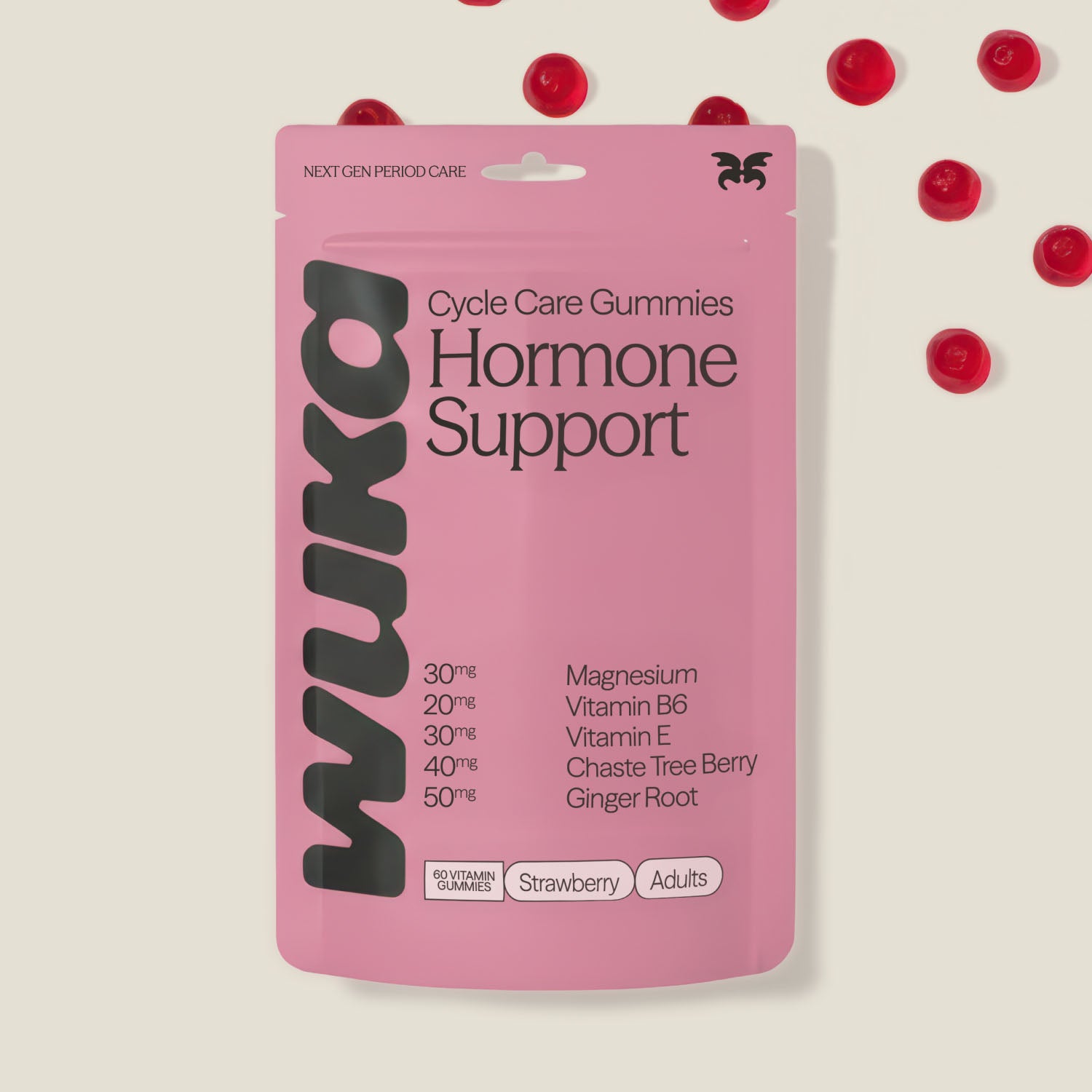 WUKA Hormone Support Gummies pack with vegan strawberry-flavoured vitamins for PMS and menstrual wellbeing.