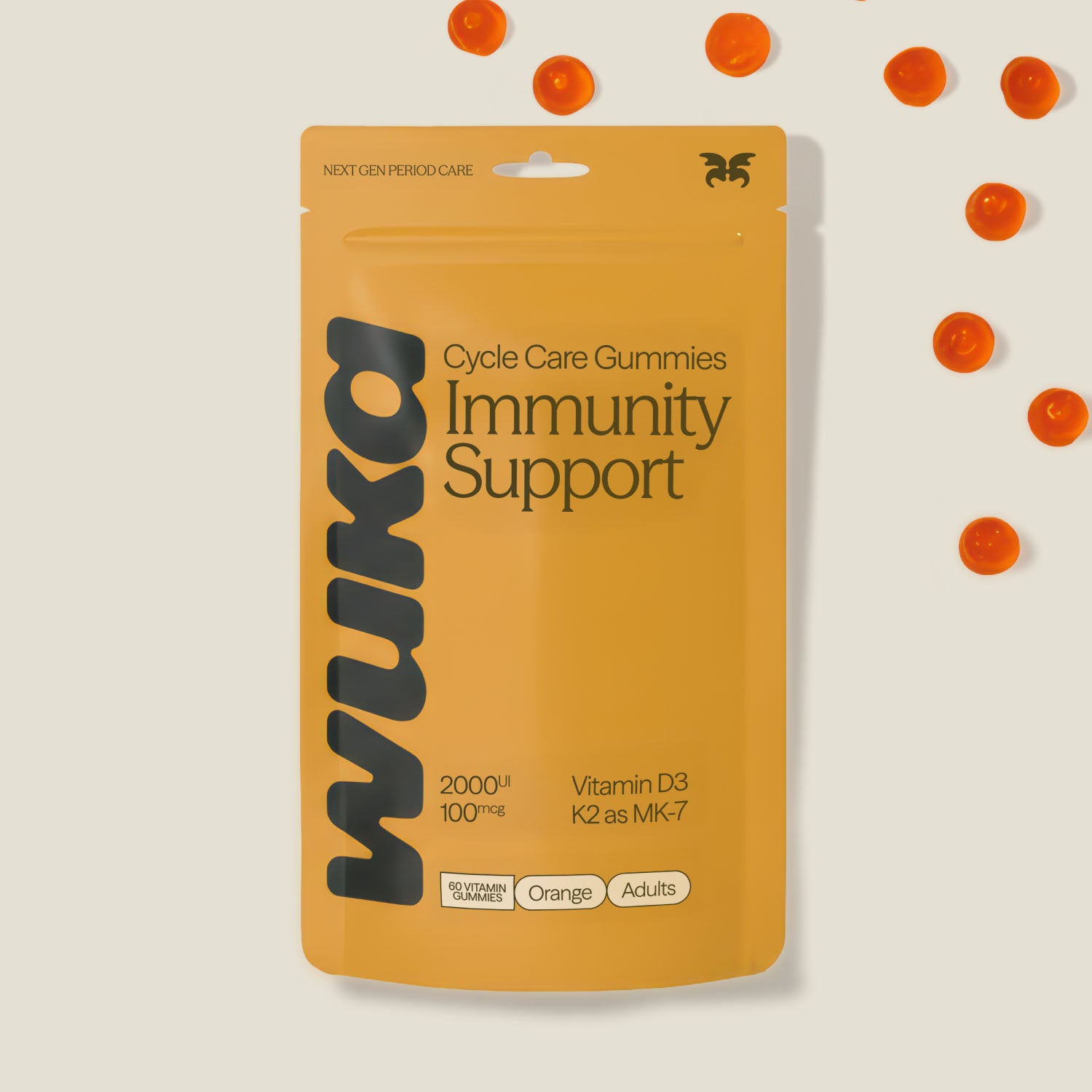 WUKA Immunity Support vitamin gummies in organic orange flavour, packed with vitamin D3 and K2 for adults.