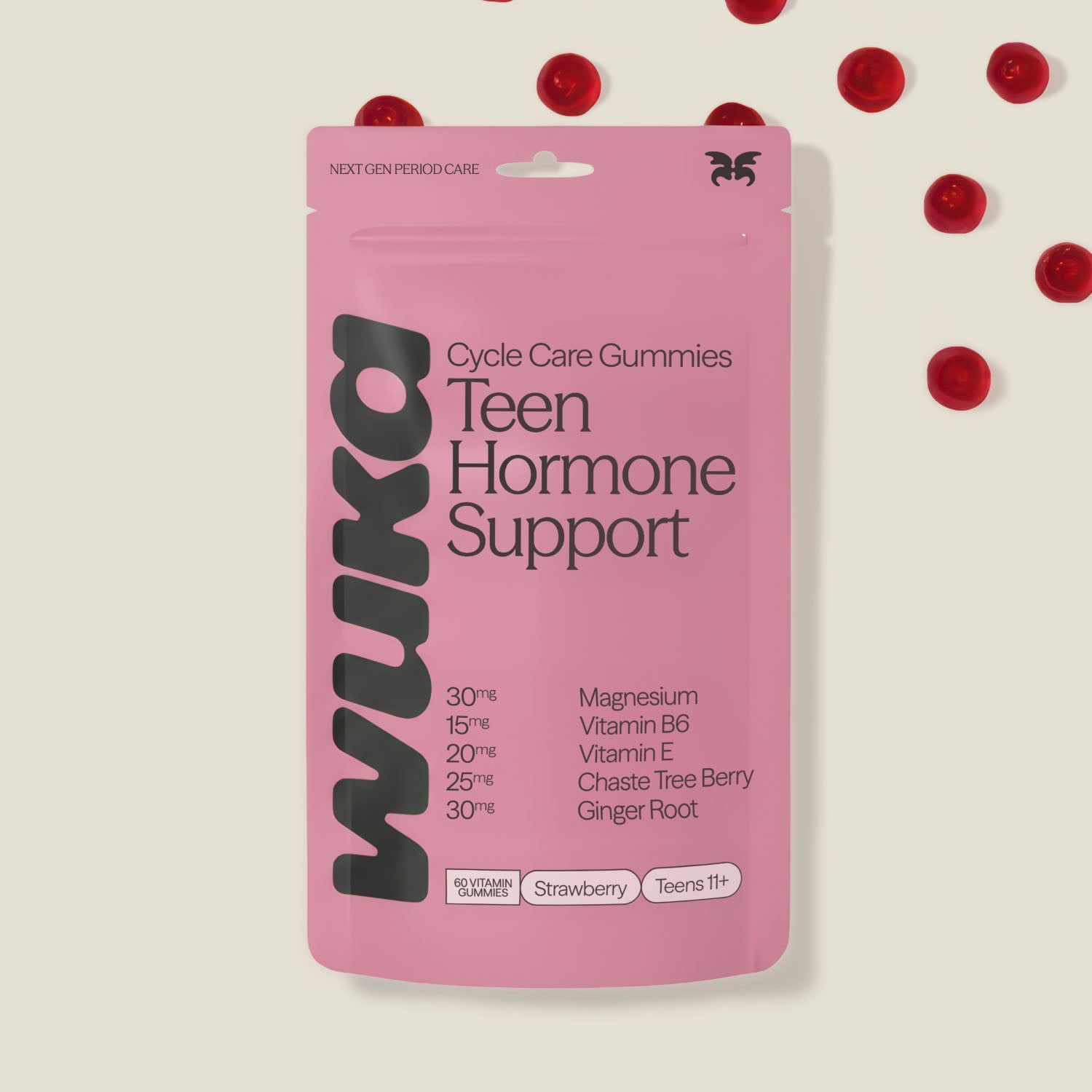Packaging of WUKA Teen Hormone Support Gummies with ingredients and strawberry gummies shown, ideal hormone support for teens.