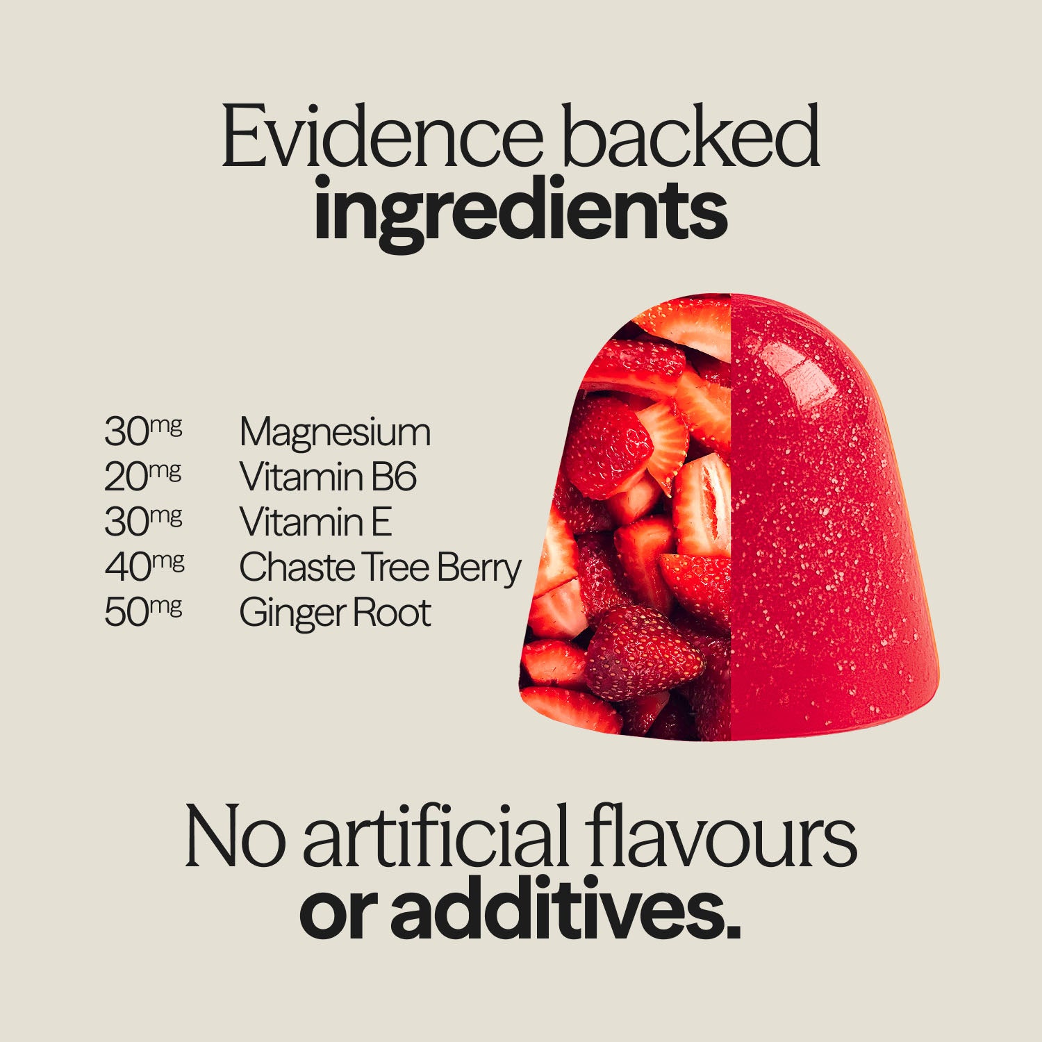 WUKA Hormone Support Gummies made with magnesium, vitamin B6, vitamin E, chaste tree berry and ginger root.