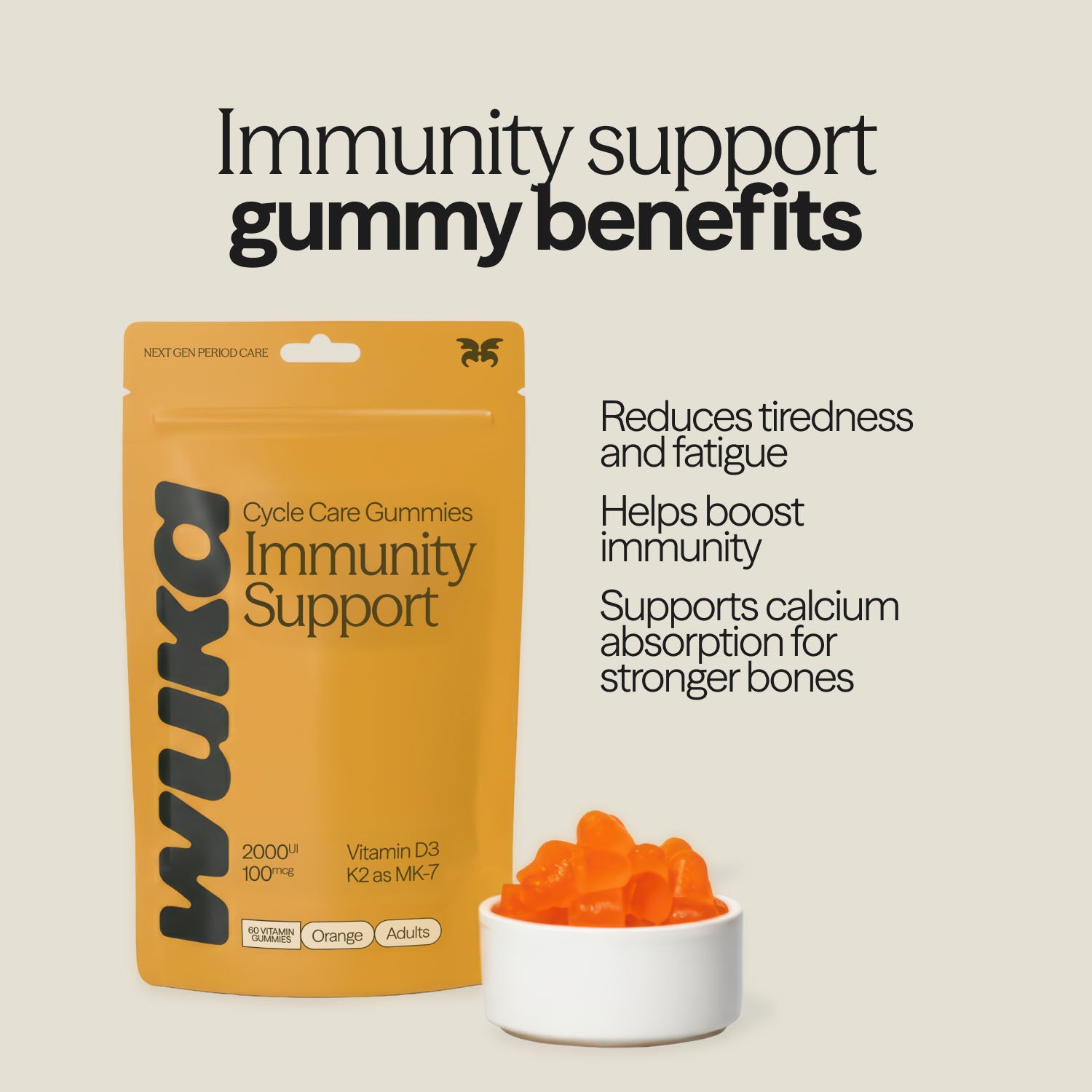 WUKA Immunity Support gummies help reduce tiredness, boost immune health, and support calcium absorption.