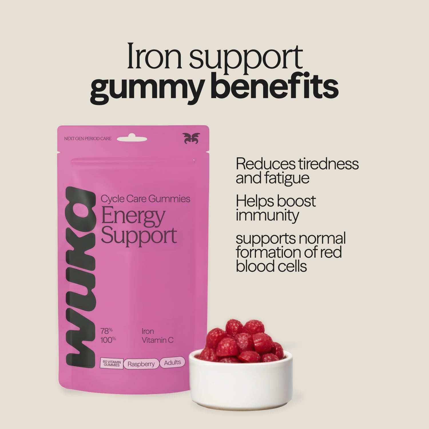 Key benefits of WUKA iron support gummies for adults – reduces tiredness, boosts immunity, supports red blood cell formation.