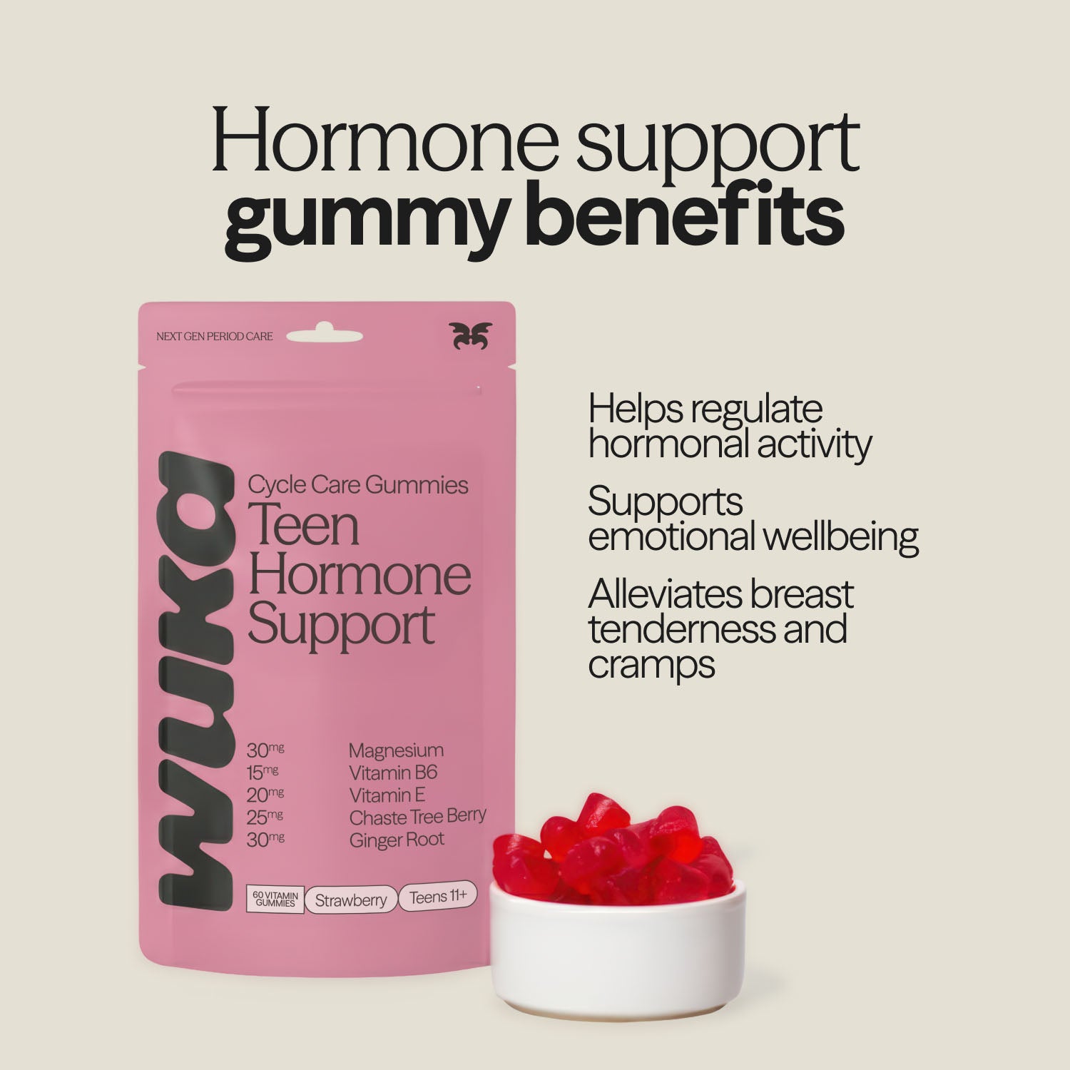 Image highlighting the hormone support benefits of WUKA Teen Gummies, including emotional wellbeing, cramp relief, and hormonal regulation.