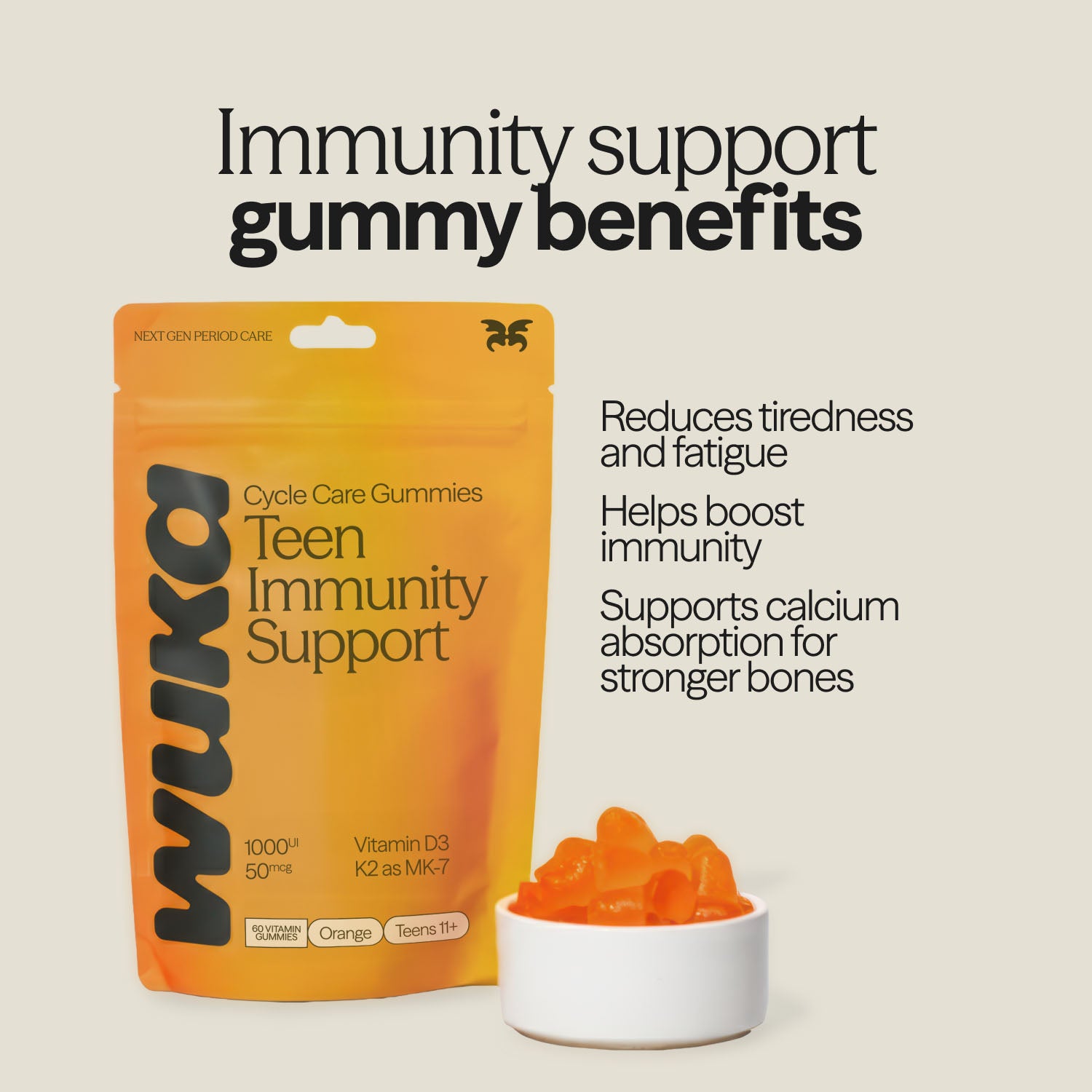 WUKA teen immunity support gummies with benefits listed: reduces tiredness, boosts immunity, and supports calcium absorption for strong bones.