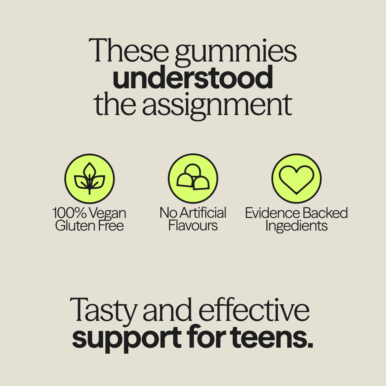 WUKA Teen Hormone Support Gummies graphic showcasing key features – vegan, gluten-free, no artificial flavours, and effective teen cycle care.