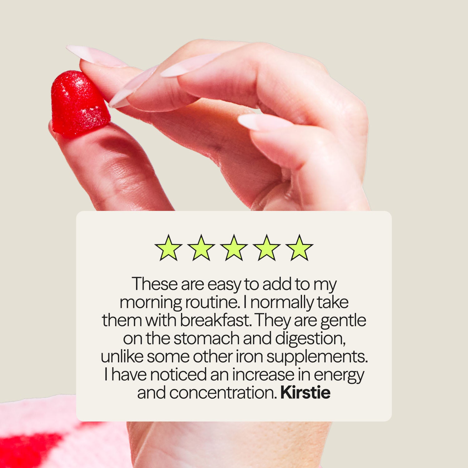 Customer review praising WUKA Hormone Support Gummies for energy boost, easy digestion, and daily use.