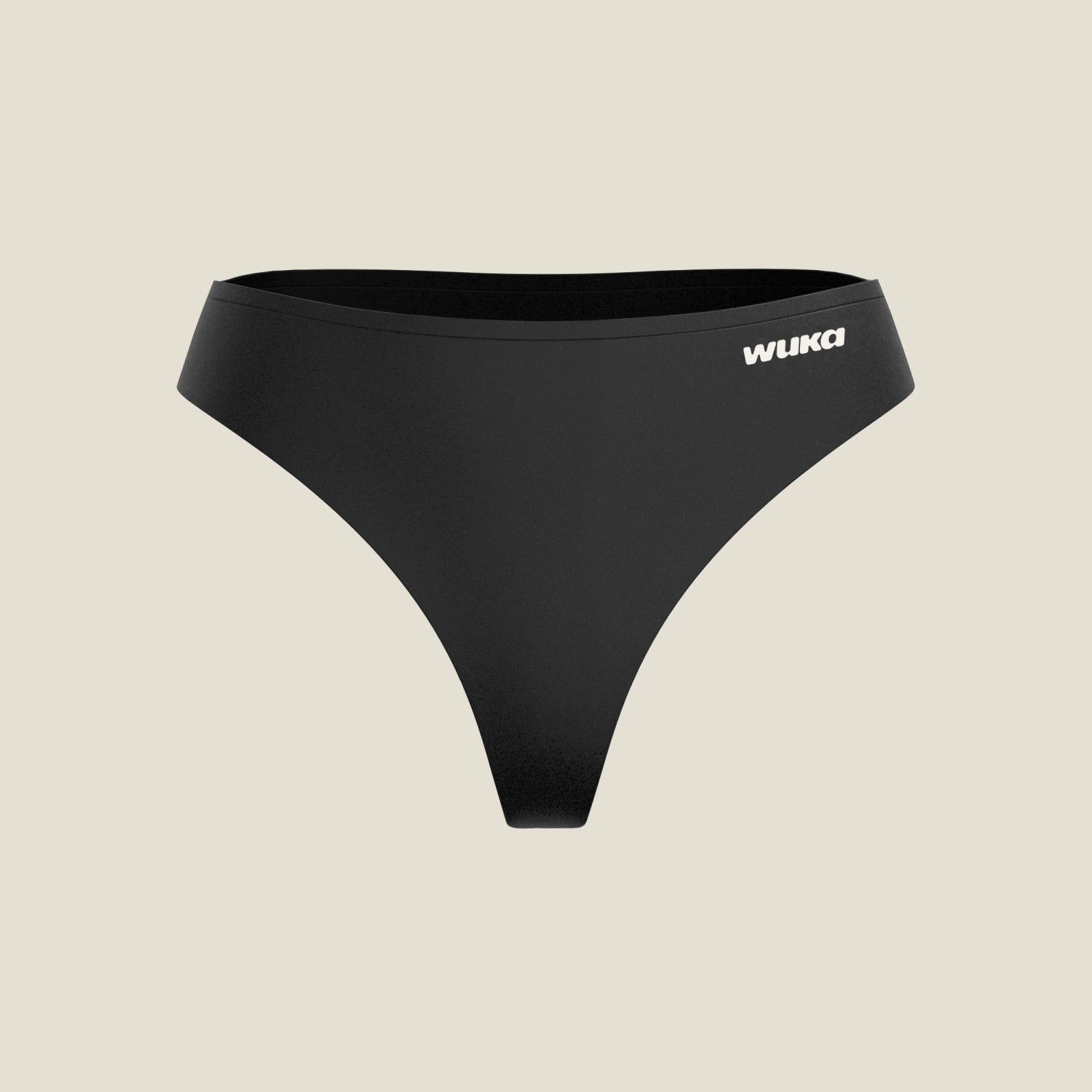 Flat lay of WUKA Stretch Thong in black, made for light periods with seamless, tag-free comfort and secure leak protection.