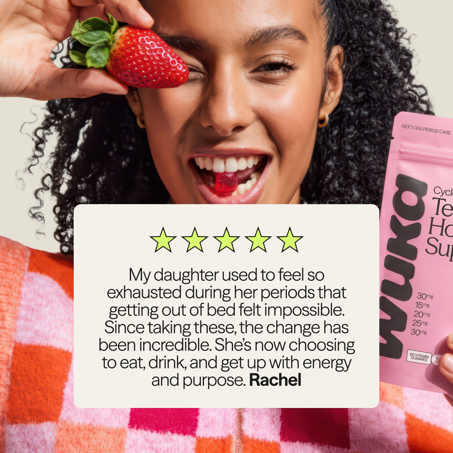 Parent review describing the positive impact of WUKA Teen Hormone Support Gummies on energy, focus, and emotional health during periods.