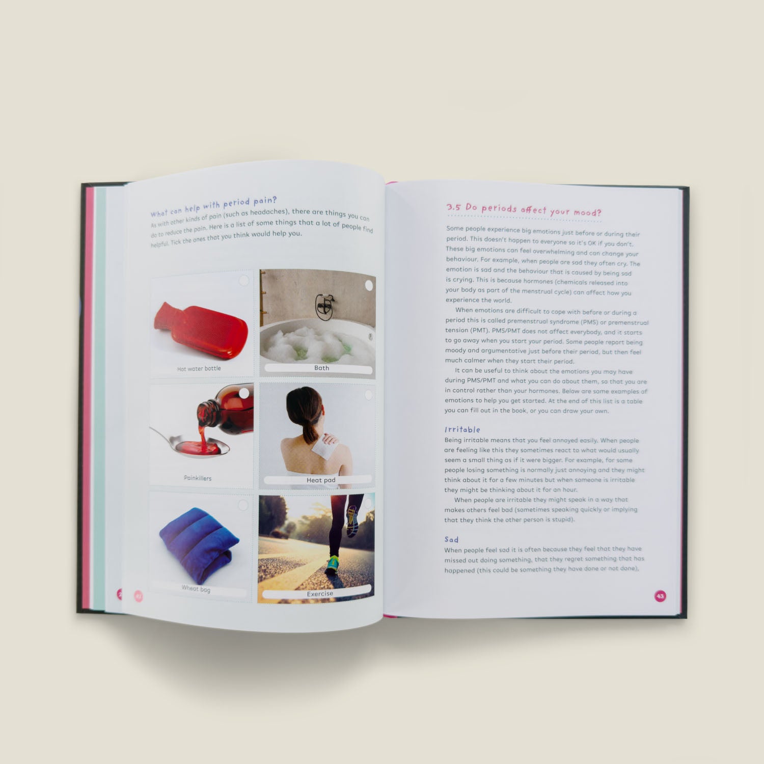 Pages from "The Autism-Friendly Guide to Periods" discussing period pain relief options such as hot water bottles, baths, painkillers, and exercise with accessible visuals.
