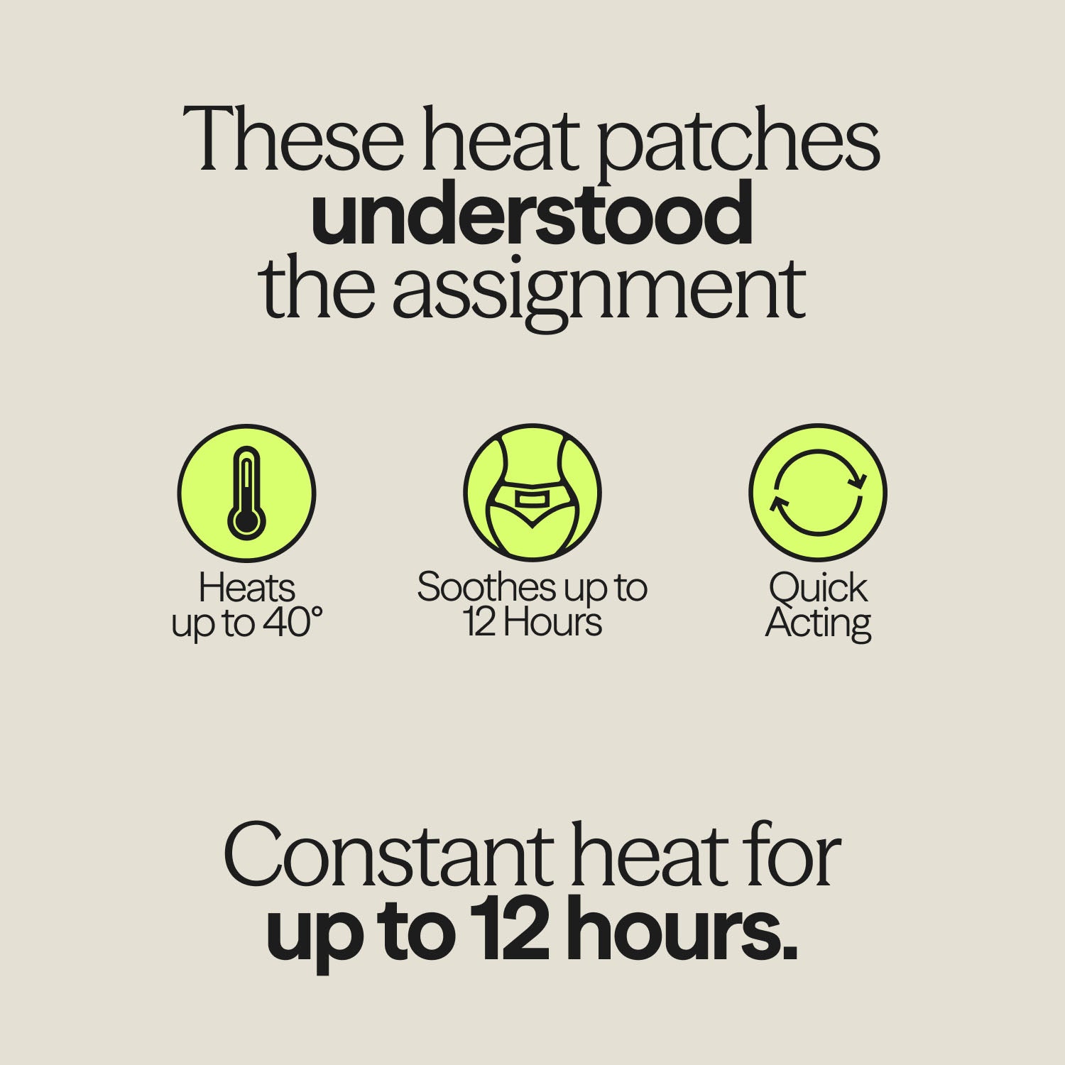 Infographic displaying WUKA Heat Patch benefits: heats up to 40°C, quick acting, soothes for up to 12 hours.