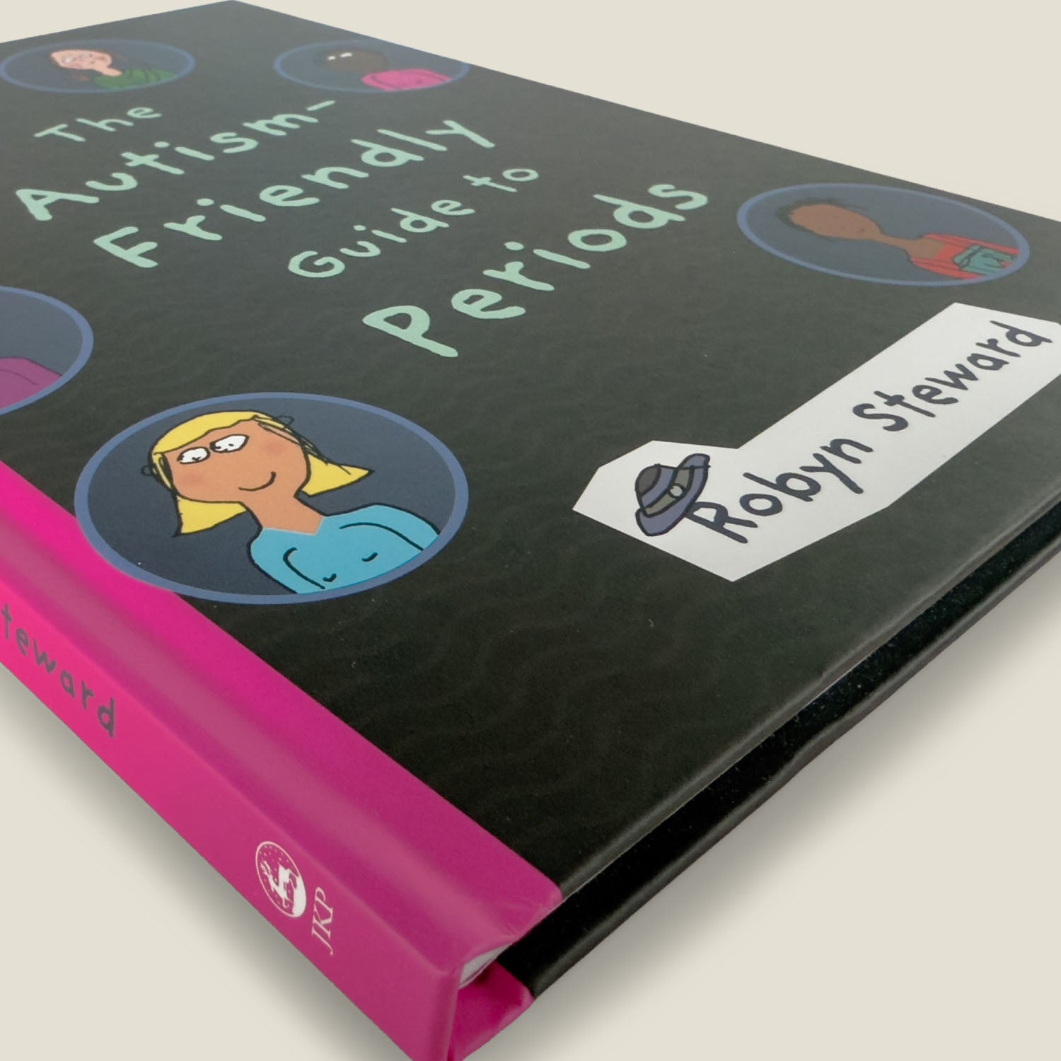 Angled view of "The Autism-Friendly Guide to Periods" by Robyn Steward showing the sturdy hardcover, pink spine, and playful illustrations on the front.