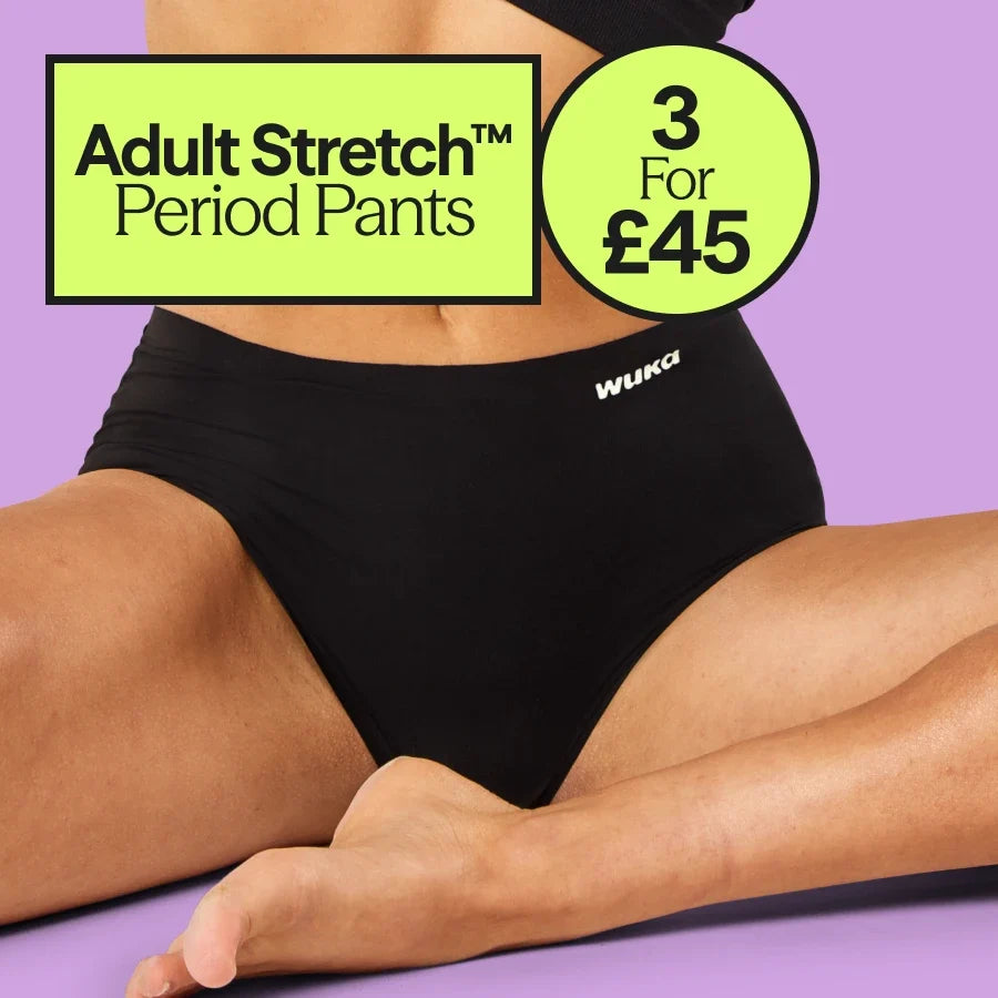 A model wearing black WUKA adult stretch period pants, shown from the waist down against a lavender background, with promotional text overlays reading 'Adult Stretch Period Pants' and '3 For £45'.