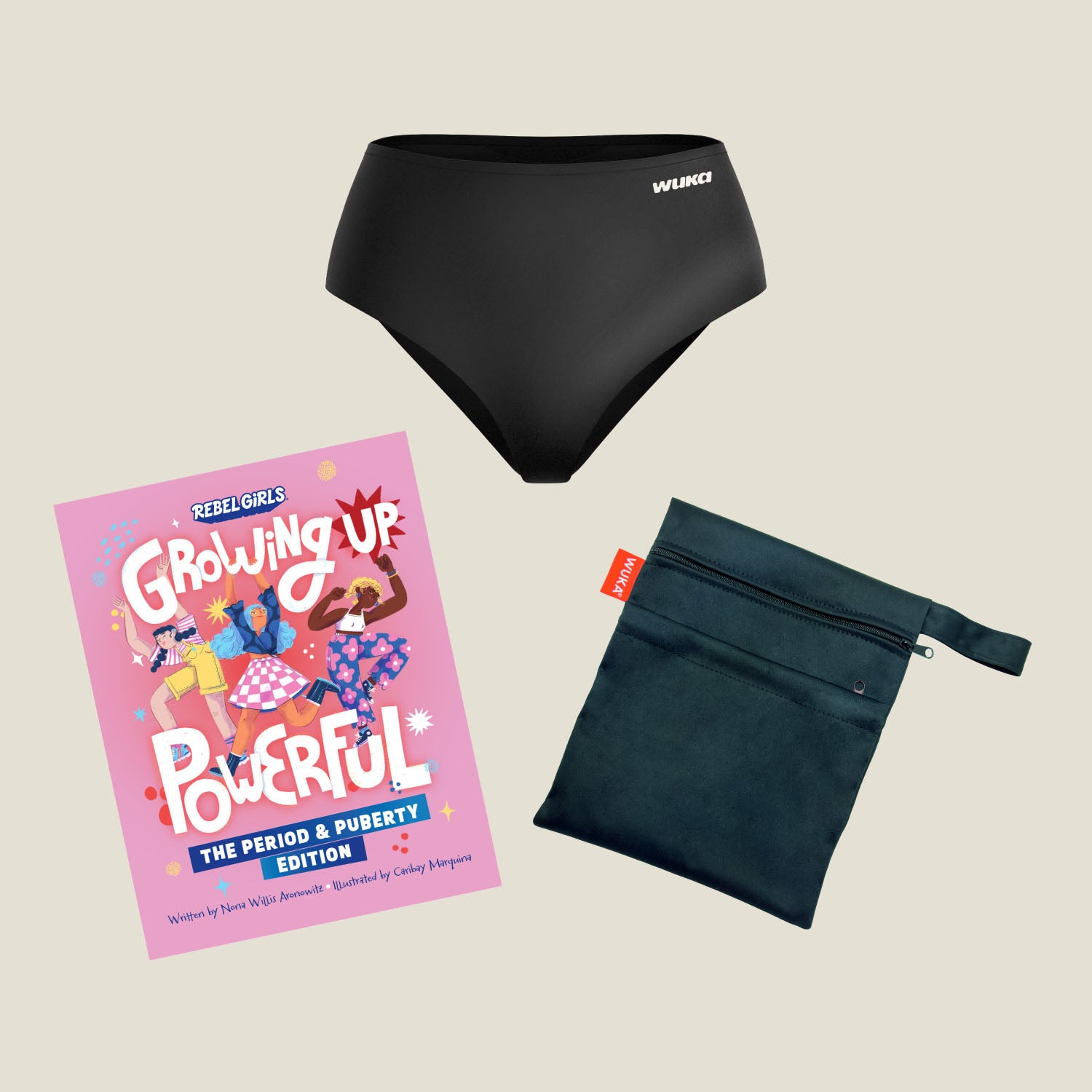Teen First Period Pack featuring WUKA Stretch heavy flow period pants, black waterproof wet bag, and Rebel Girls Growing Up Powerful puberty book – ideal gift for first periods.