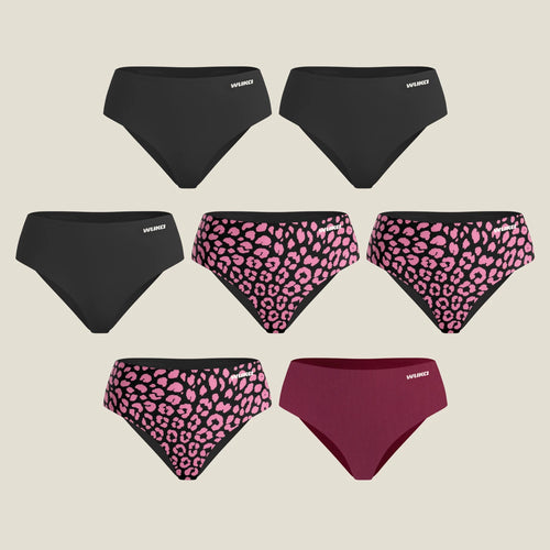 WUKA Adult Stretch™ Seamless Period Pants 7-pack bundle featuring three pairs in black, three in pink leopard print, and one in burgundy. These multi-size, leak-proof reusable underwear are shown in a grid layout on a neutral background