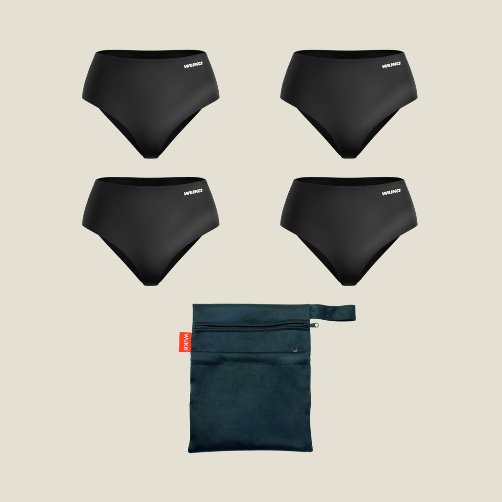 Teen Period School Set with 4 black WUKA Stretch period pants for heavy flow and a black waterproof storage bag – reusable, leak-proof, and designed for school-day confidence.