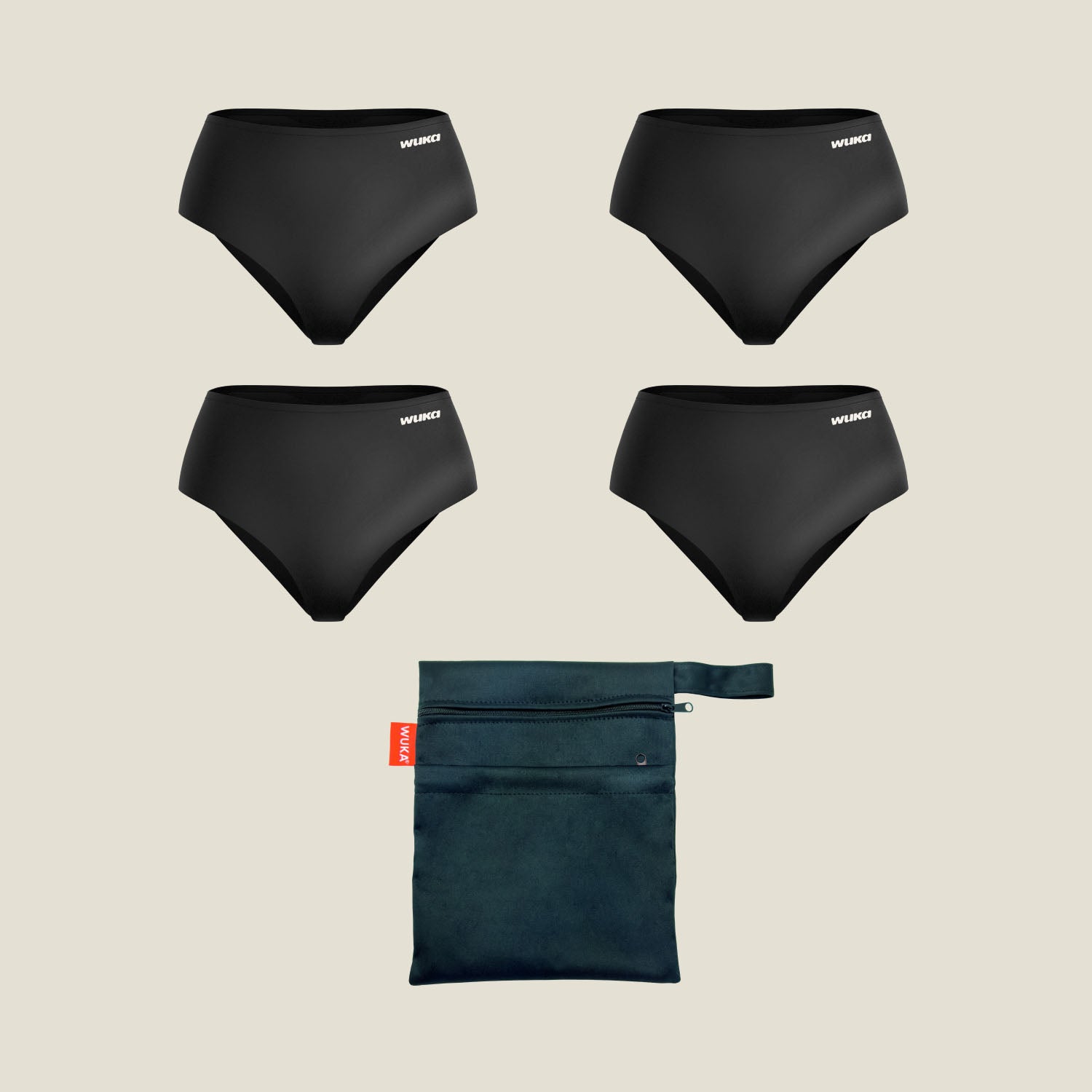 Teen Period School Set with 4 black WUKA Stretch period pants for heavy flow and a black waterproof storage bag – reusable, leak-proof, and designed for school-day confidence.