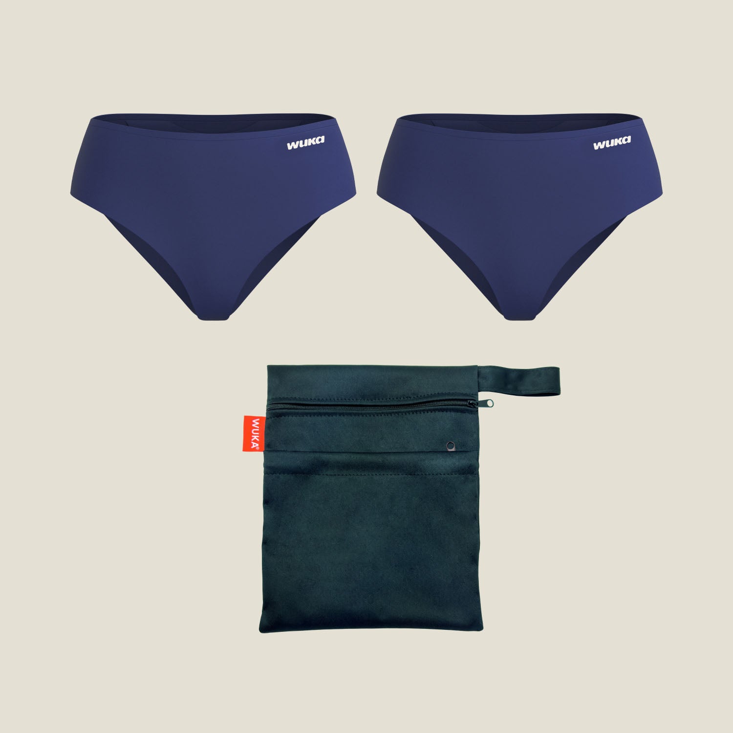 Teen Period School Set – Heavy Flow Navy 2-Pack: Reusable WUKA Stretch period pants and washable waterproof carry bag for school.