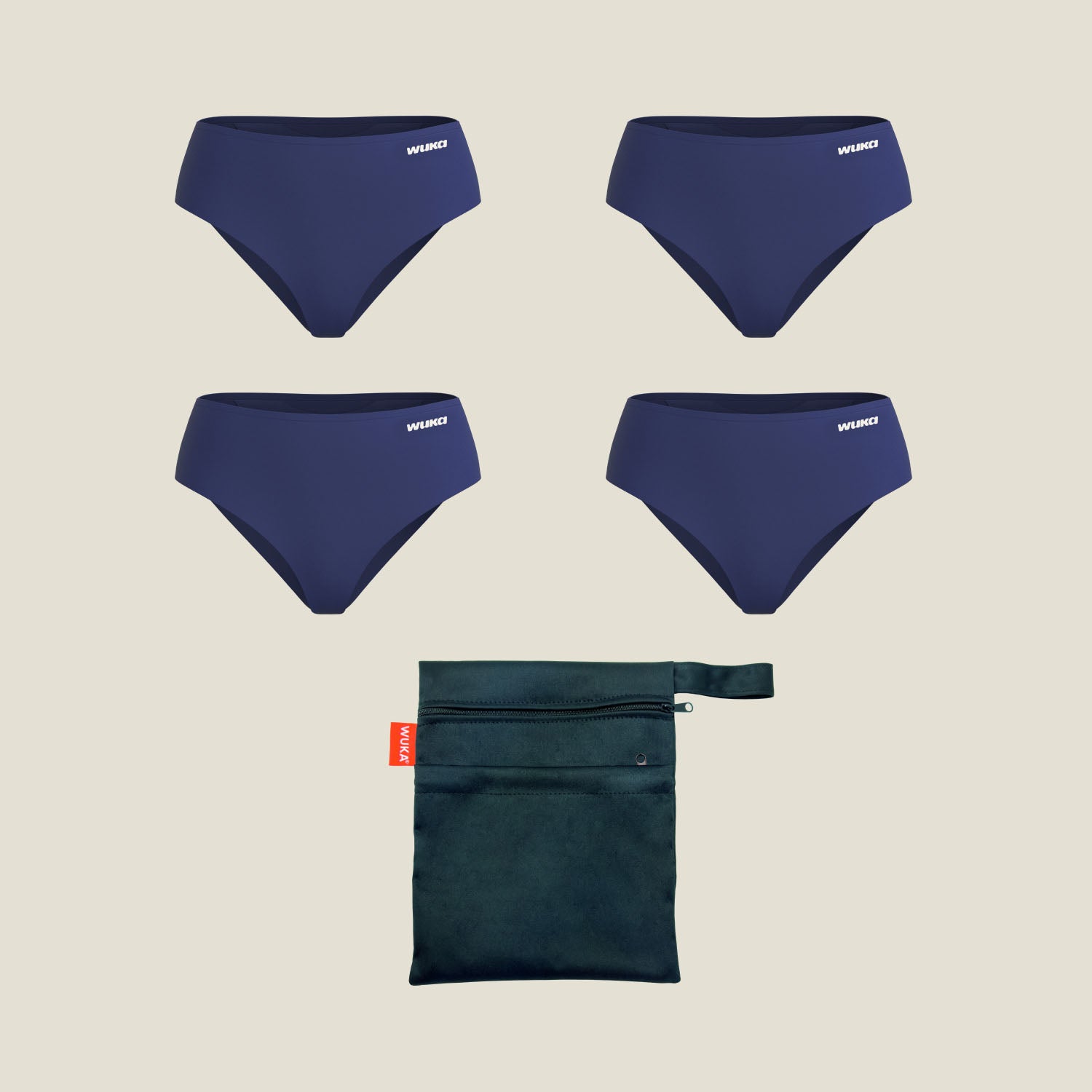 WUKA Teen Period School Set in navy – includes 4 reusable heavy flow Stretch period underwear and a black waterproof wet bag for discreet and eco-friendly school protection.