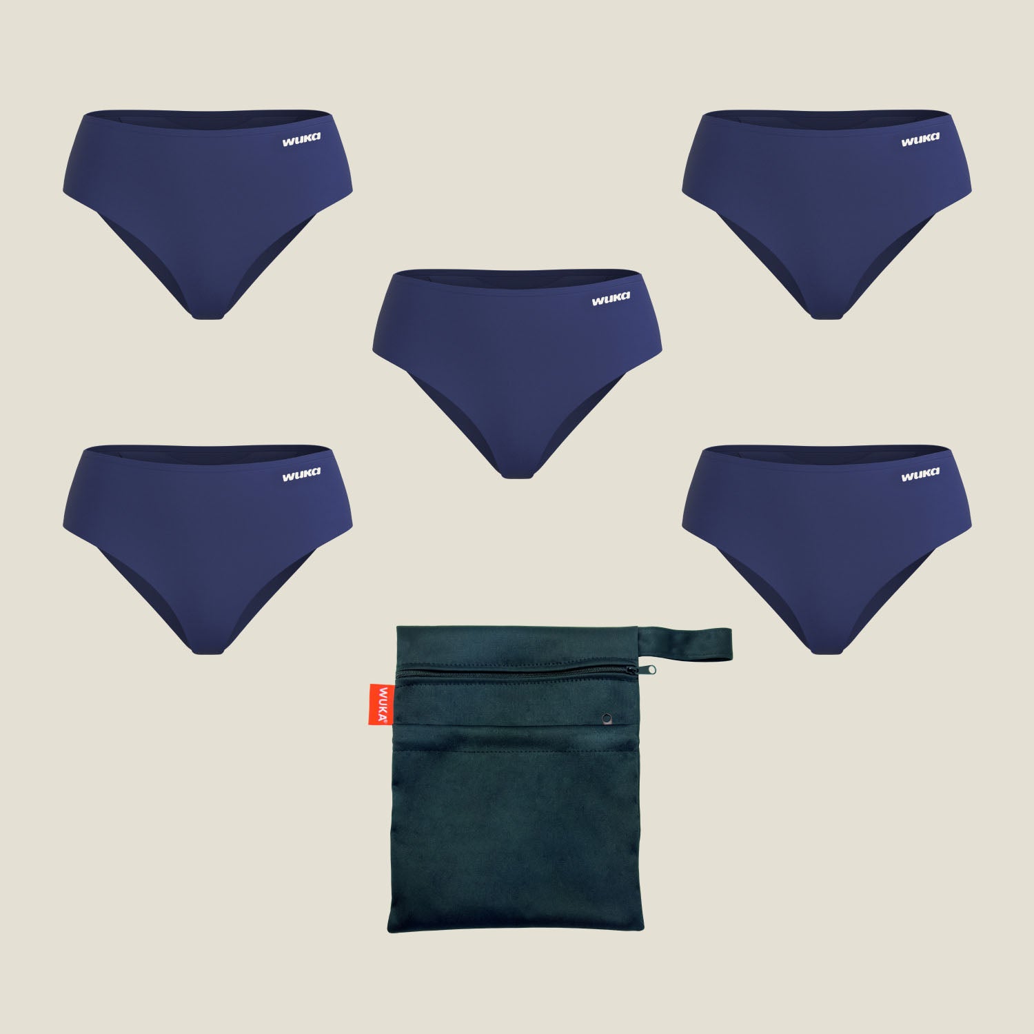 Flat lay image of WUKA Teen Stretch™ Period Pants 5-pack in navy blue, ideal for school weeks with a mix of flow levels, shown alongside a dark teal waterproof wet bag.