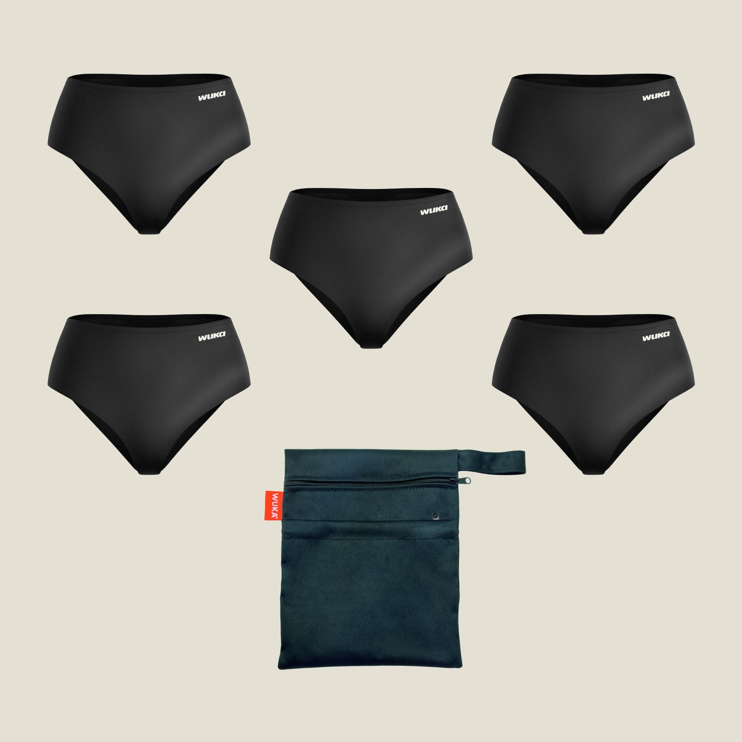 Flat lay of WUKA Teen Stretch™ Period Pants in black, showcasing a 5-pack School Week Set for mixed flow including super heavy and heavy absorbency underwear with a black waterproof carry bag.