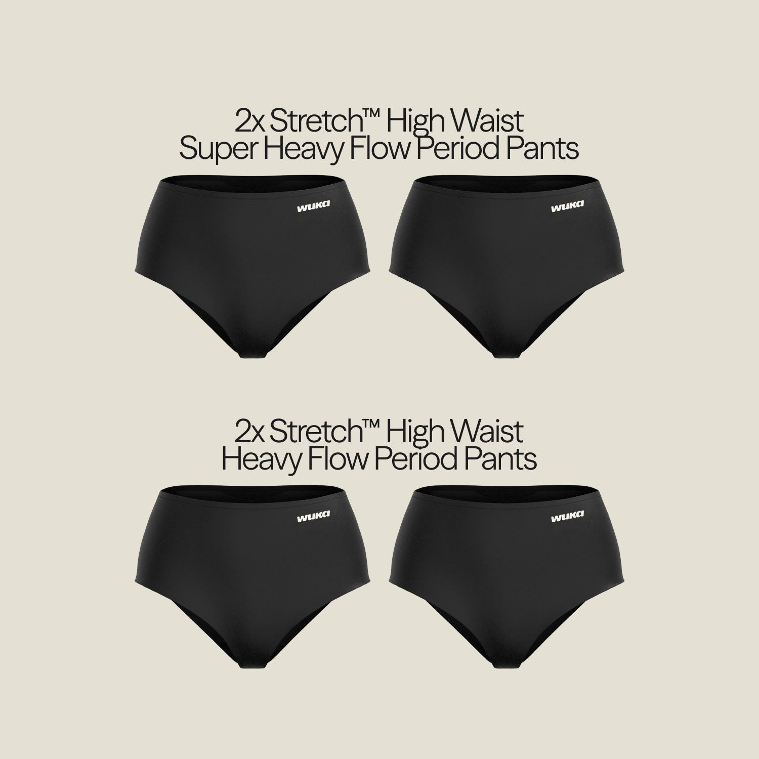Flat lay of WUKA Stretch™ High Waist Postpartum Period Pants for heavy and super heavy flow, designed for ultimate leak-proof protection.