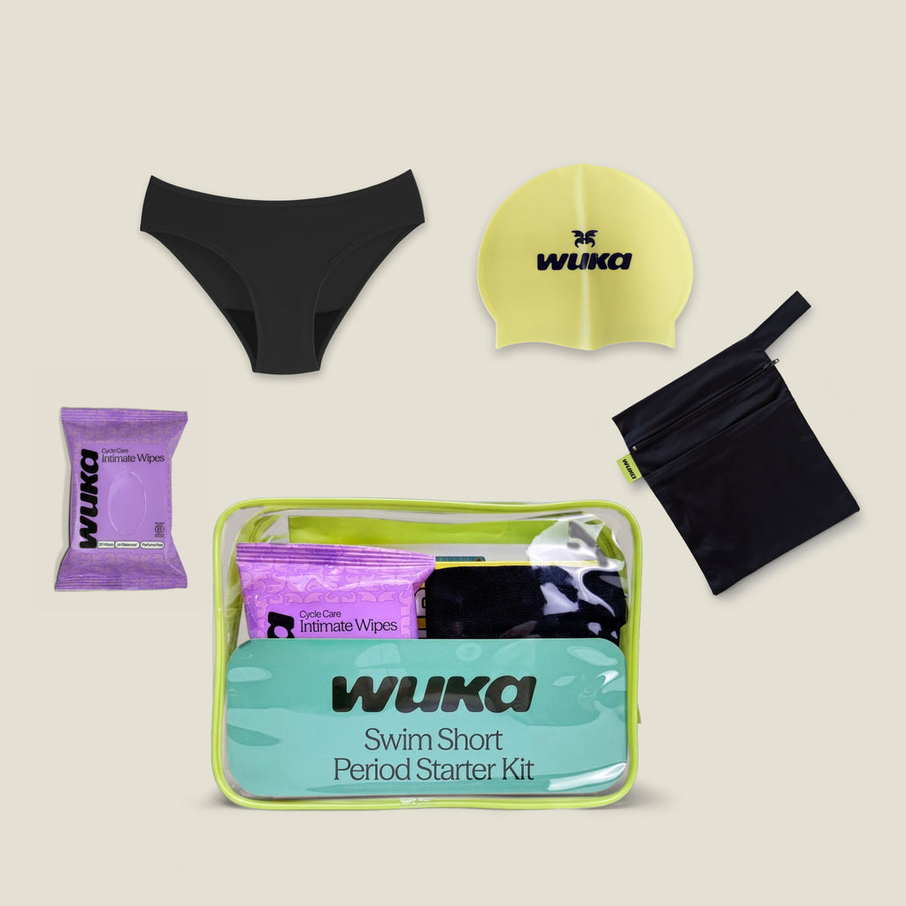 Teen bikini brief period swim starter kit with leak-proof swimwear, waterproof bag, swim cap and intimate wipes by WUKA