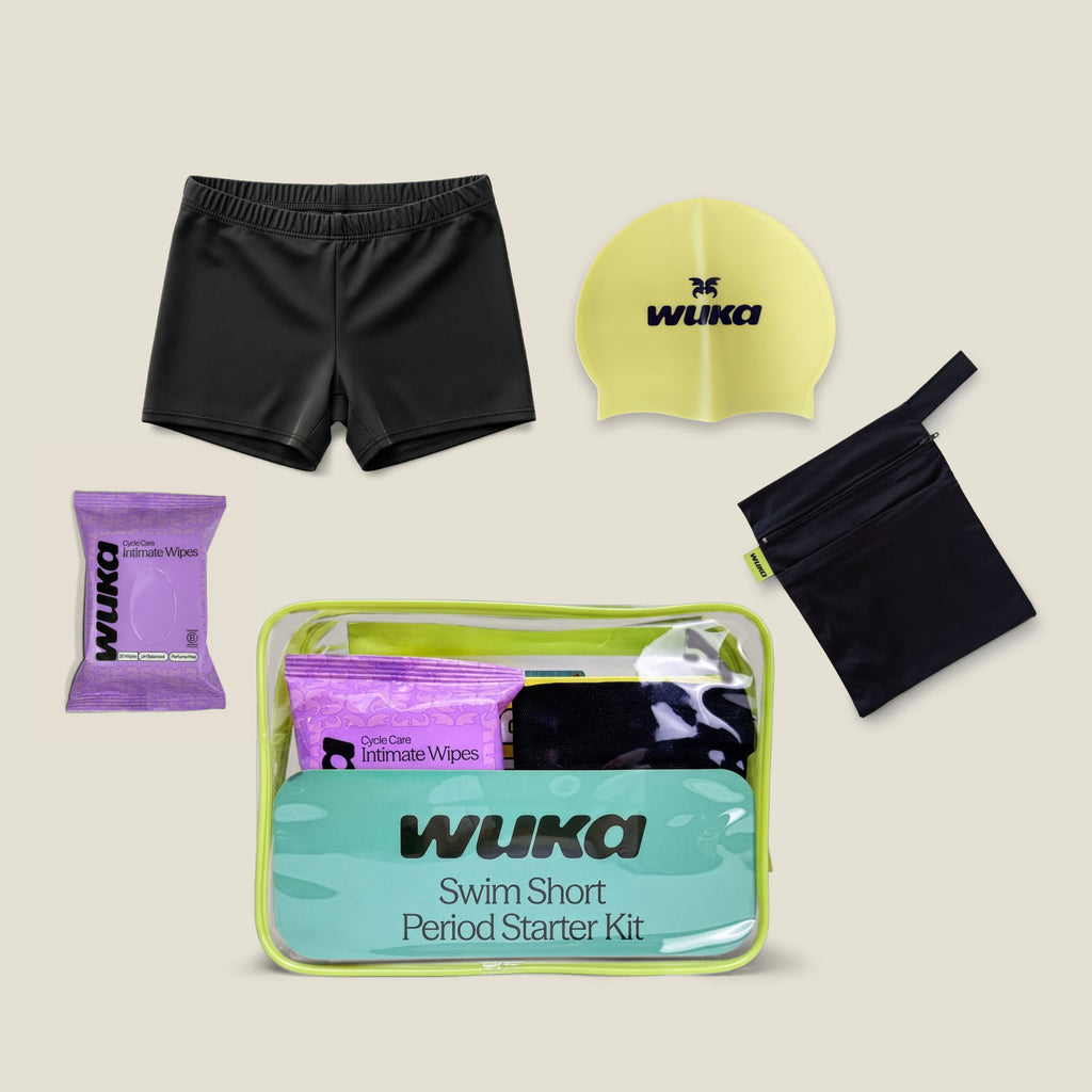 Black teen period-proof swim shorts starter kit with waterproof wet bag, swim cap and intimate wipes by WUKA