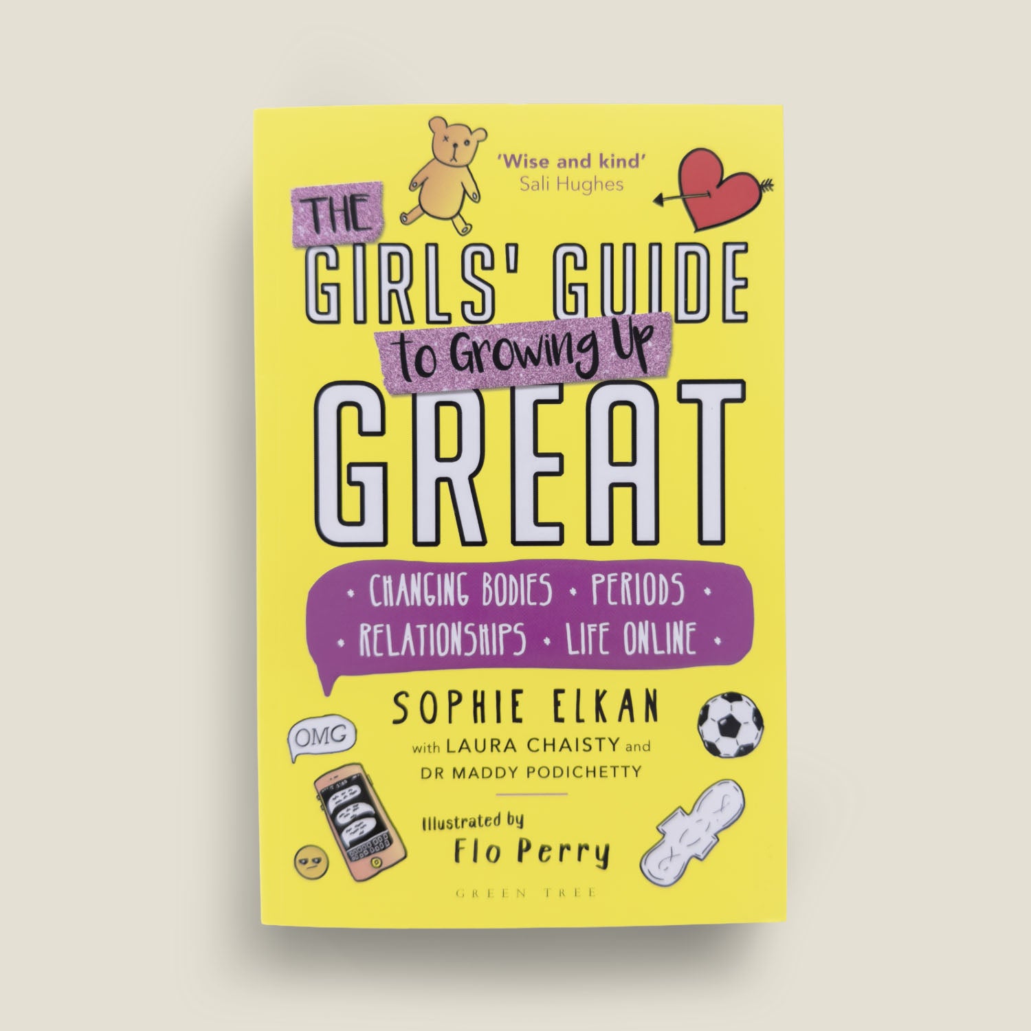 Bright yellow cover of The Girls' Guide to Growing Up Great by Sophie Elkan, a puberty book for girls covering periods, changing bodies, relationships, and online safety.
