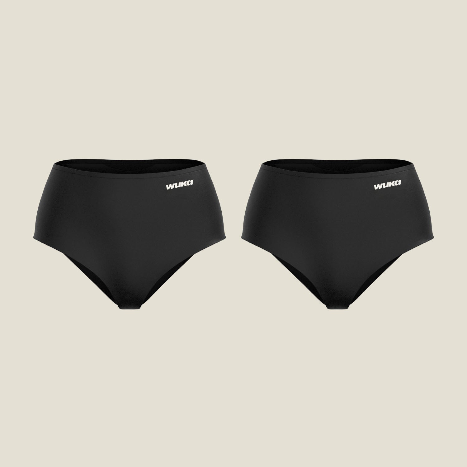 Two pairs of WUKA Stretch Seamless High Waist Period Pants for heavy flow in black, displayed flat against a neutral background, featuring a supportive high-rise fit and discreet logo branding.