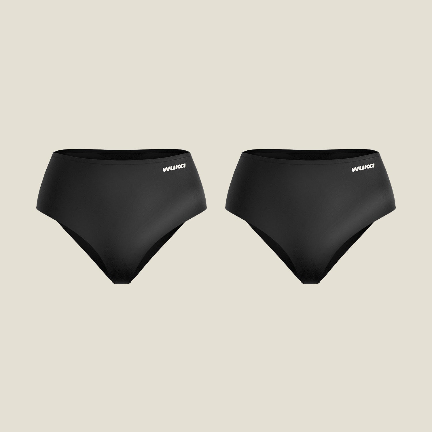 Two pairs of WUKA Stretch Seamless Midi Brief Period Pants for heavy flow in black, laid flat against a neutral background, showcasing sleek, high-leg, seamless design and front logo placement.