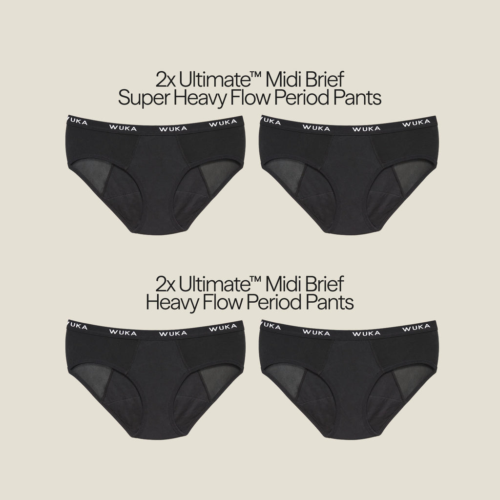 Flat lay of WUKA Ultimate™ Midi Brief Period Pants set for postpartum, featuring two pairs each for super heavy and heavy flow protection.