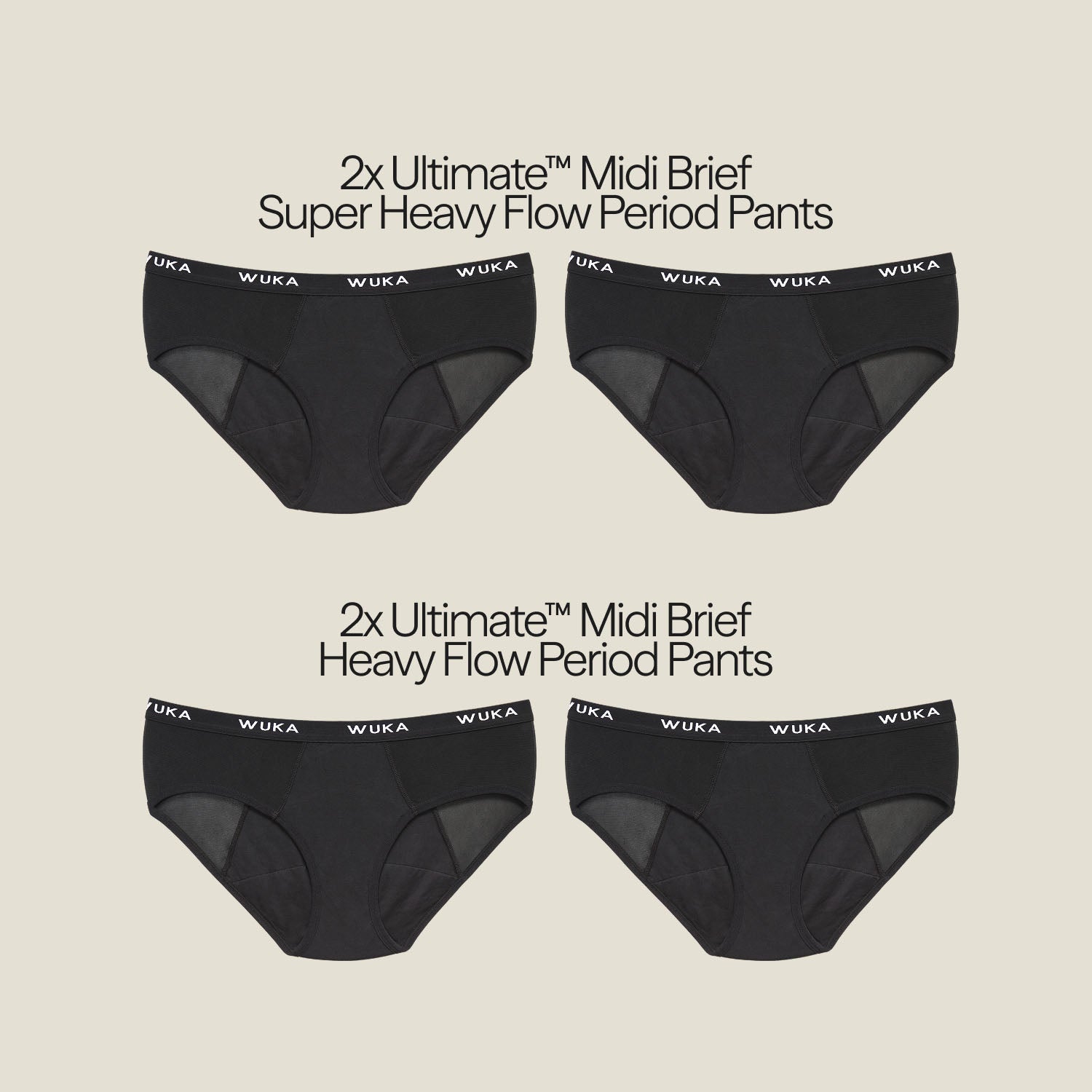 Flat lay of WUKA Ultimate™ Midi Brief Period Pants set for postpartum, featuring two pairs each for super heavy and heavy flow protection.