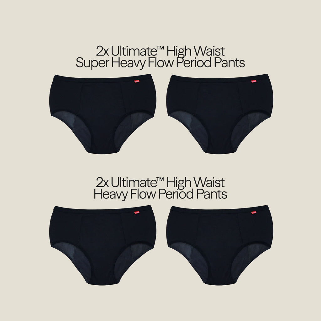 Flat lay of WUKA Ultimate™ High Waist Period Pants in black, featuring two super heavy flow and two heavy flow styles, designed for postpartum support and leak-proof protection.