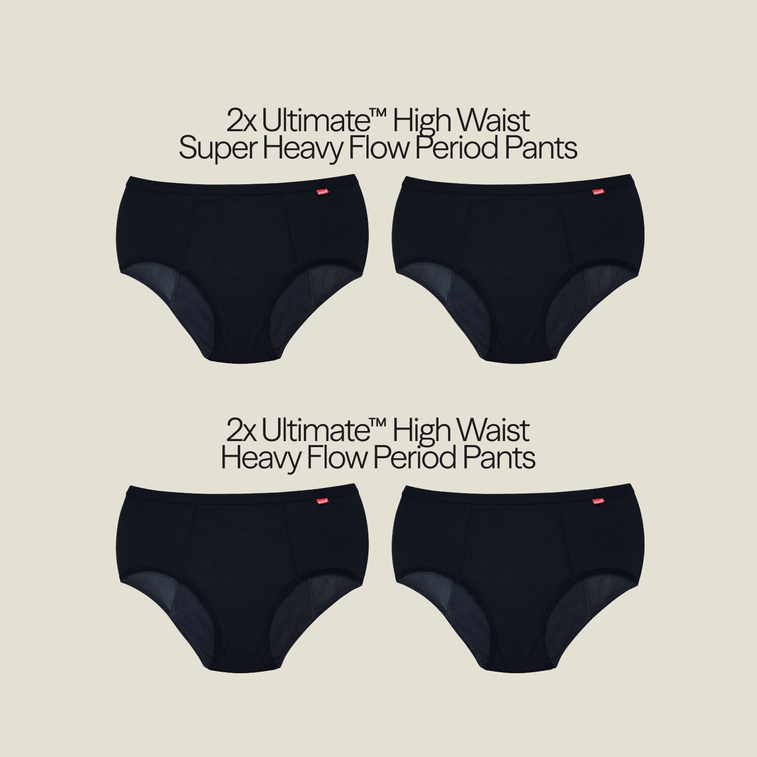 Flat lay of WUKA Ultimate™ High Waist Period Pants in black, featuring two super heavy flow and two heavy flow styles, designed for postpartum support and leak-proof protection.