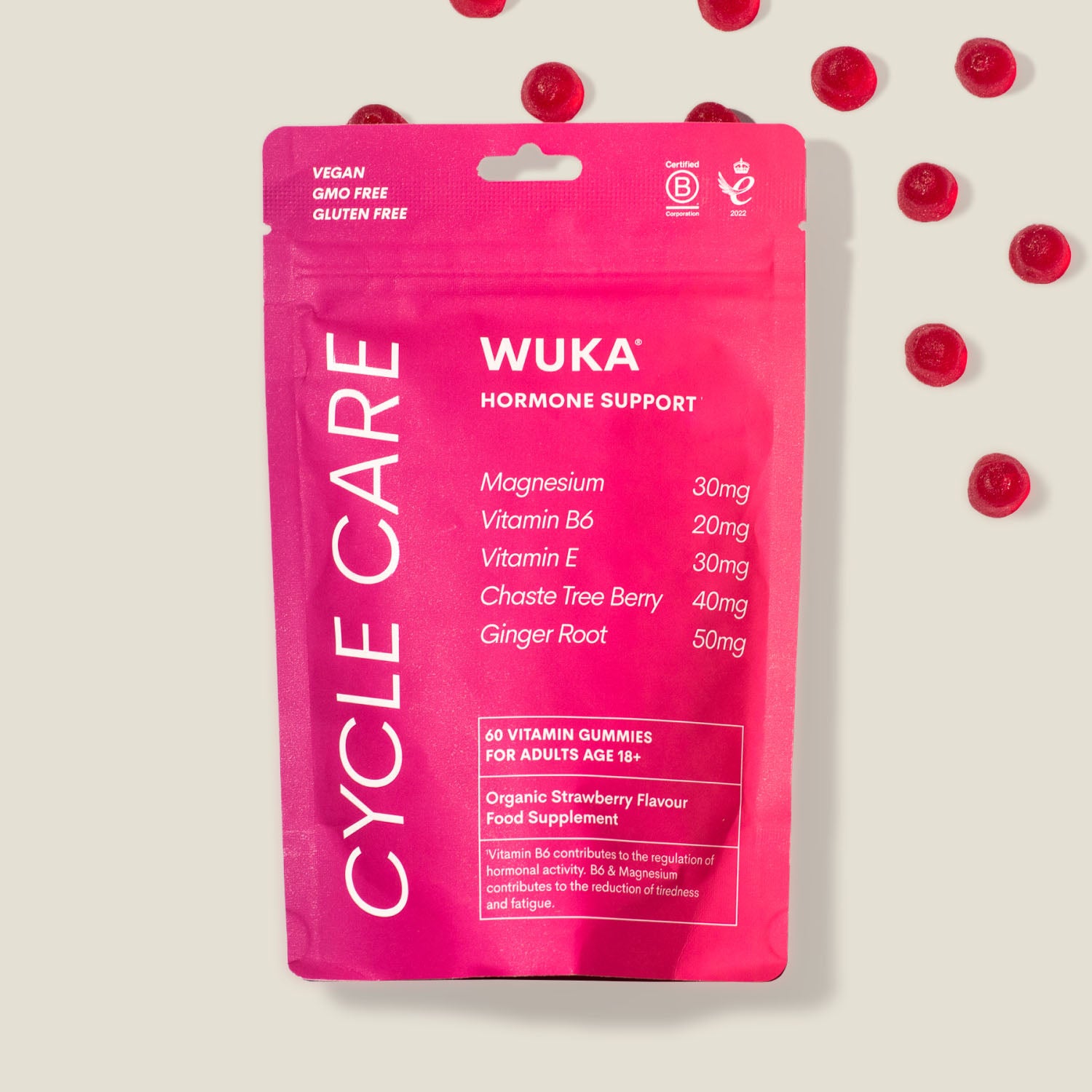WUKA Hormone Support Gummies pack with vegan strawberry-flavoured vitamins for PMS and menstrual wellbeing.