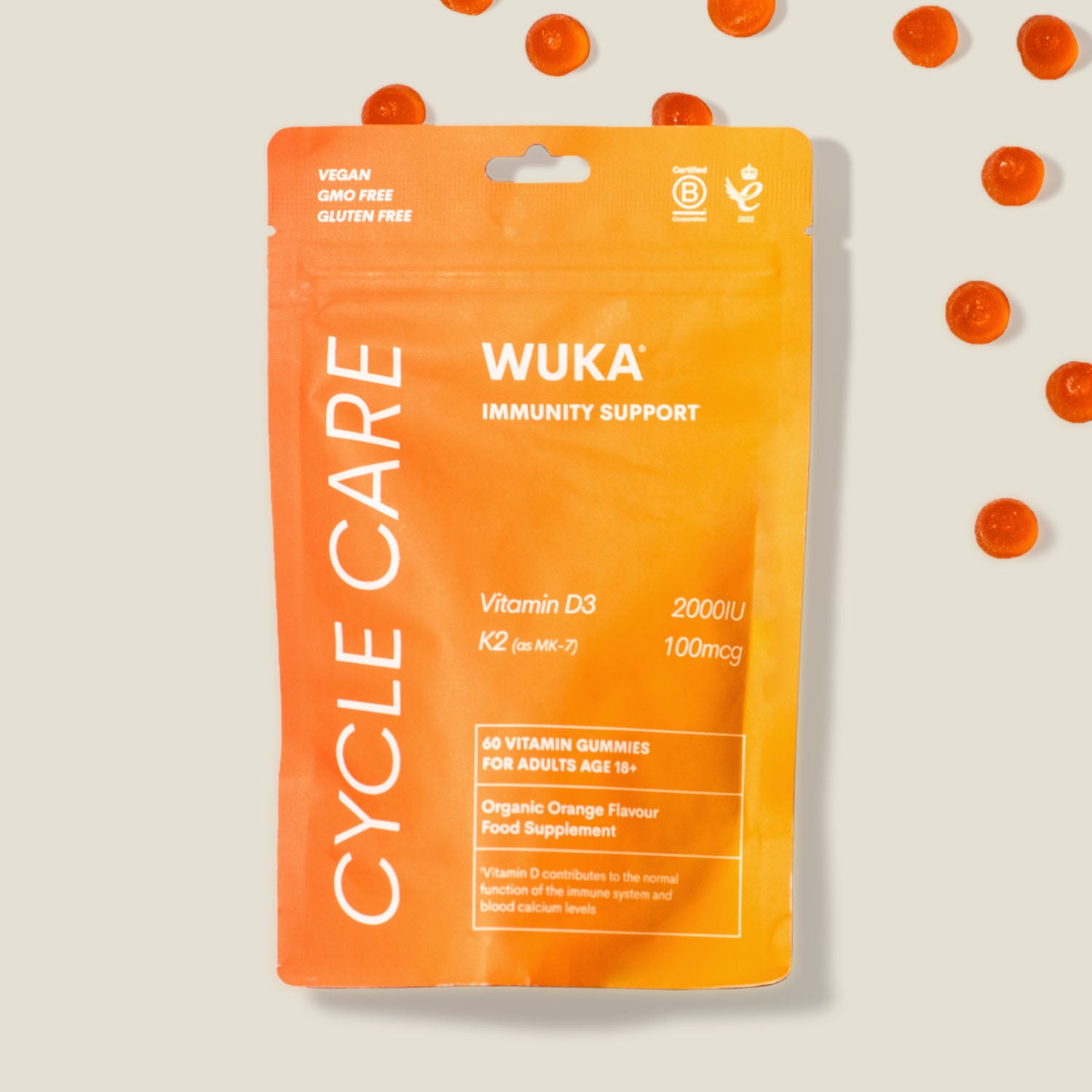 WUKA Immunity Support vitamin gummies in organic orange flavour, packed with vitamin D3 and K2 for adults.