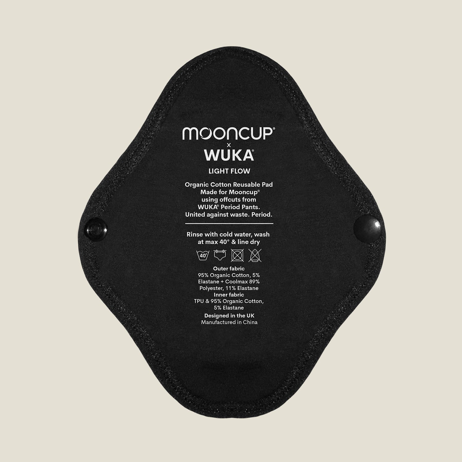 WUKA x Mooncup reusable panty liner for light flow with printed care instructions, made using soft and breathable organic cotton for daily comfort.