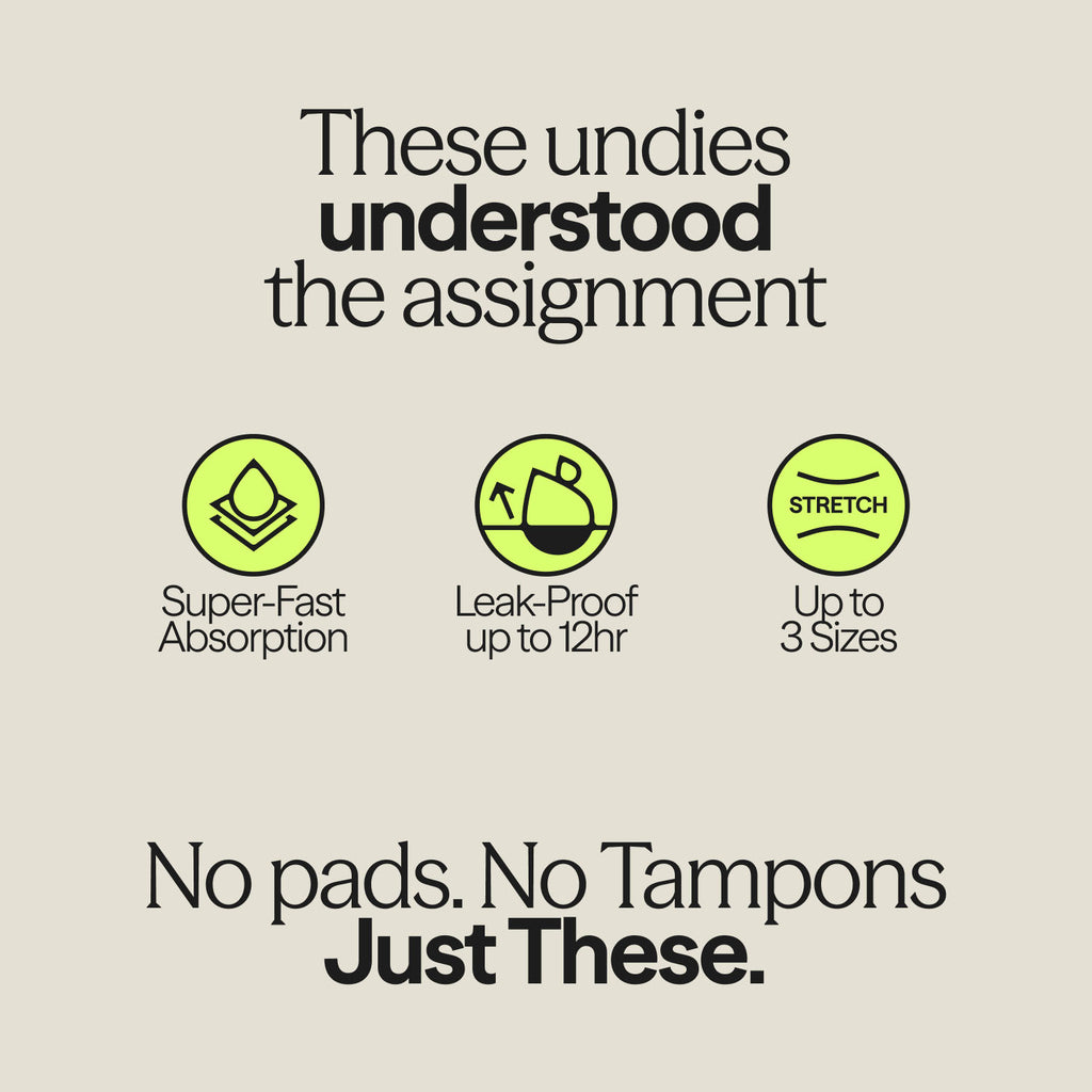 Infographic highlighting key features of WUKA Teen Stretch™ Period Pants – super-fast absorption, 12-hour leak protection, and flexible fit across 3 sizes with the tagline “No pads. No tampons. Just These.”