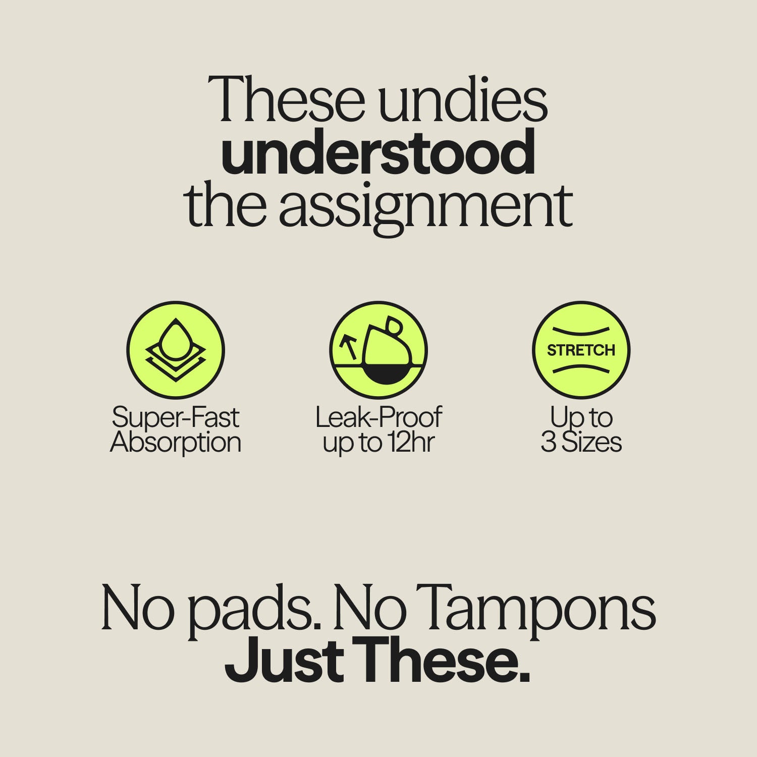 Infographic highlighting key features of WUKA Teen Stretch™ Period Pants – super-fast absorption, 12-hour leak protection, and flexible fit across 3 sizes with the tagline “No pads. No tampons. Just These.”