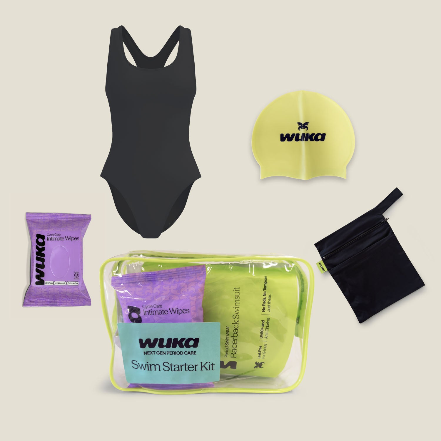 WUKA teen racerback period swimwear starter kit including leak-proof swimsuit, swim cap, changing bag and intimate wipes for periods