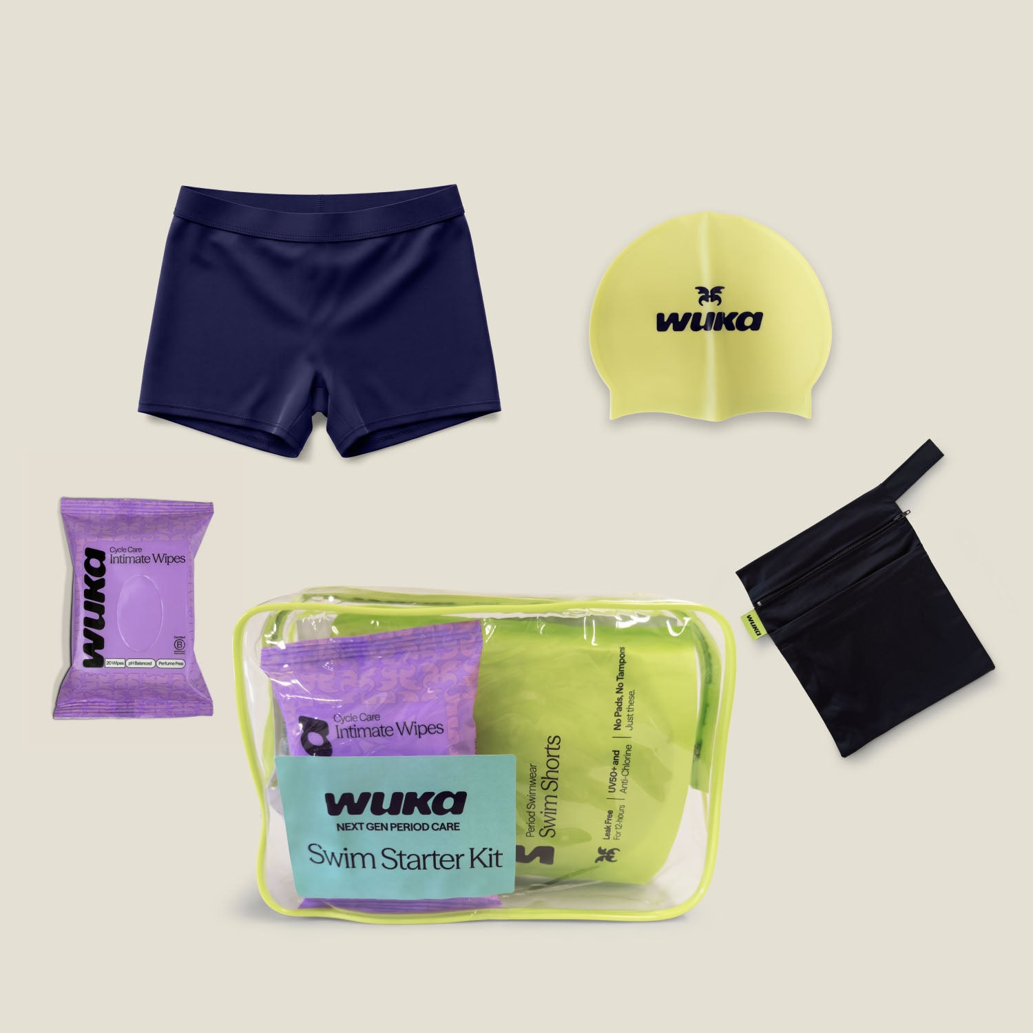 Teen swim shorts starter kit contents including period swim shorts, swim cap, mesh wet bag and wipes