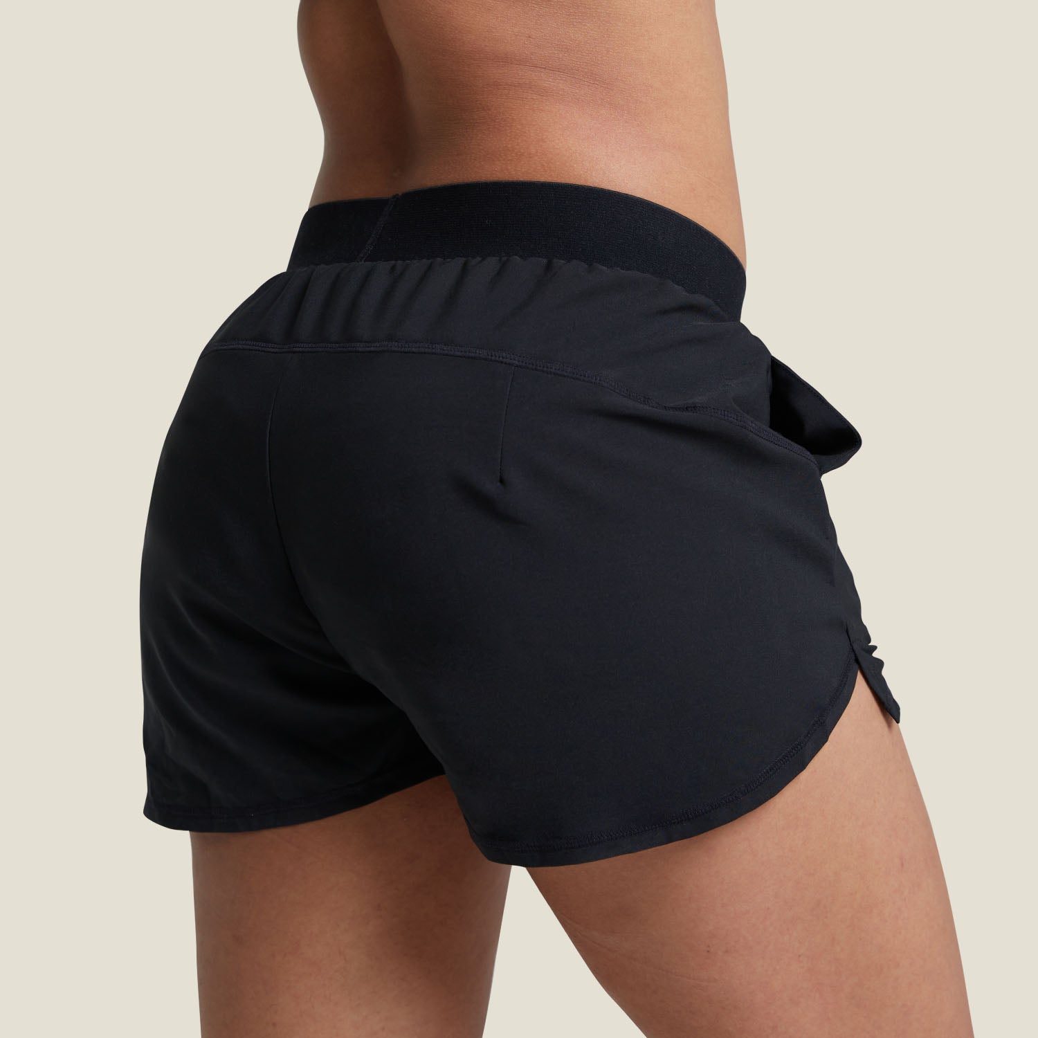 Back view of WUKA Period Sports Shorts showing curved design for full rear coverage and seamless integrated absorbent layers for medium menstrual flow.