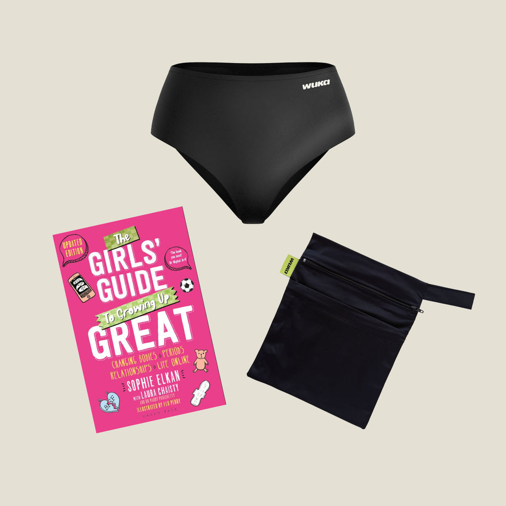 Teen First Period Starter Kit – Super Heavy WUKA Stretch™ High Waist Period Pants, 'The Girls' Guide to Growing Up Great' puberty book, and waterproof wet bag.