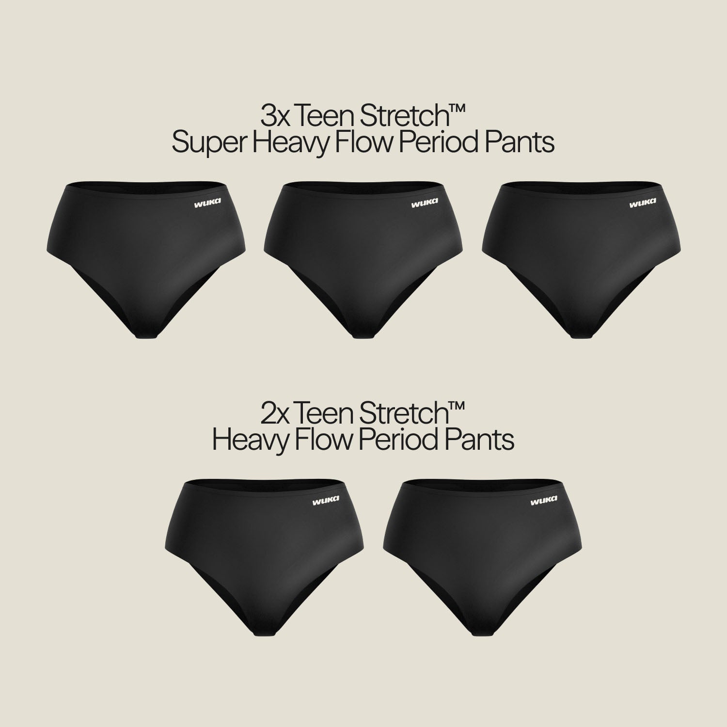 Display of WUKA Teen Stretch™ Mix Flow Pack showing 3 Super Heavy Flow and 2 Heavy Flow black period pants, labeled to highlight absorbency variations.
