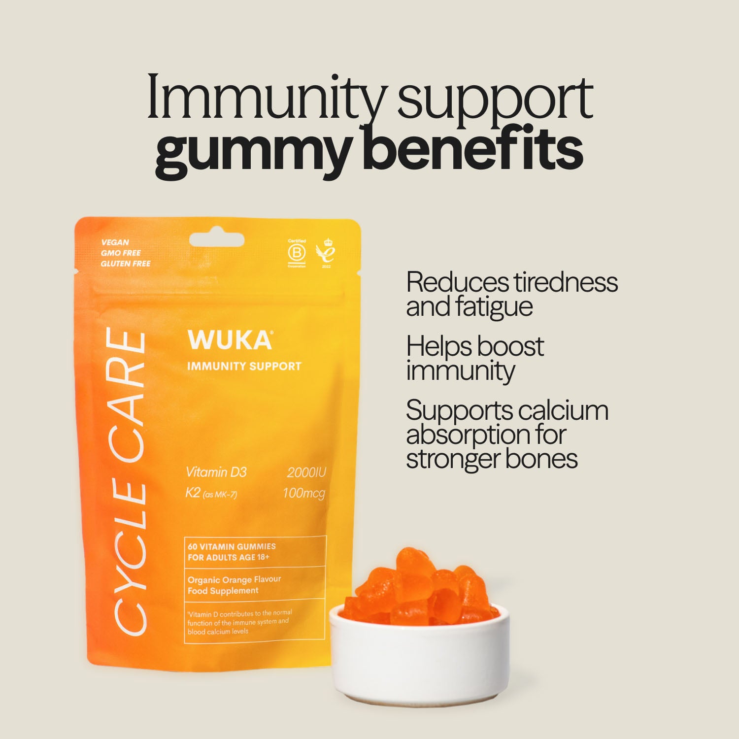 WUKA Immunity Support gummies help reduce tiredness, boost immune health, and support calcium absorption.