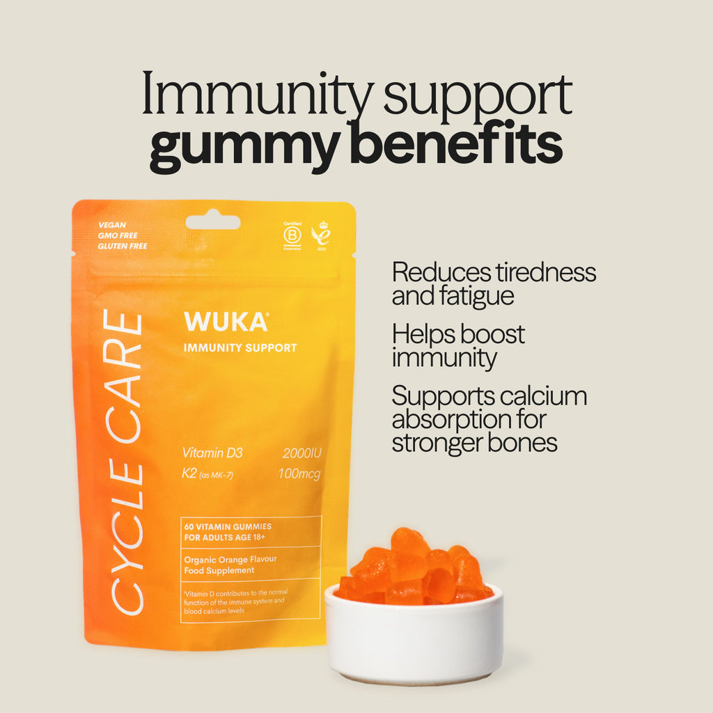WUKA teen immunity support gummies with benefits listed: reduces tiredness, boosts immunity, and supports calcium absorption for strong bones.