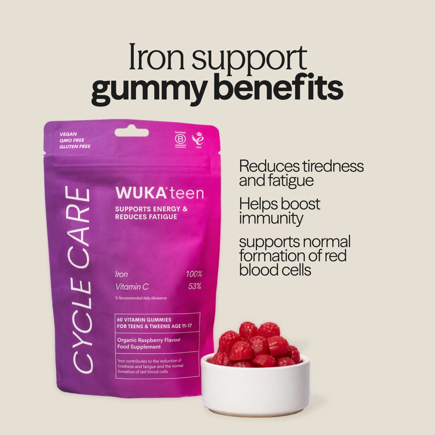 Image of WUKA Teen Iron Support Gummies with benefit highlights: reduces tiredness, supports immunity, and red blood cell formation.