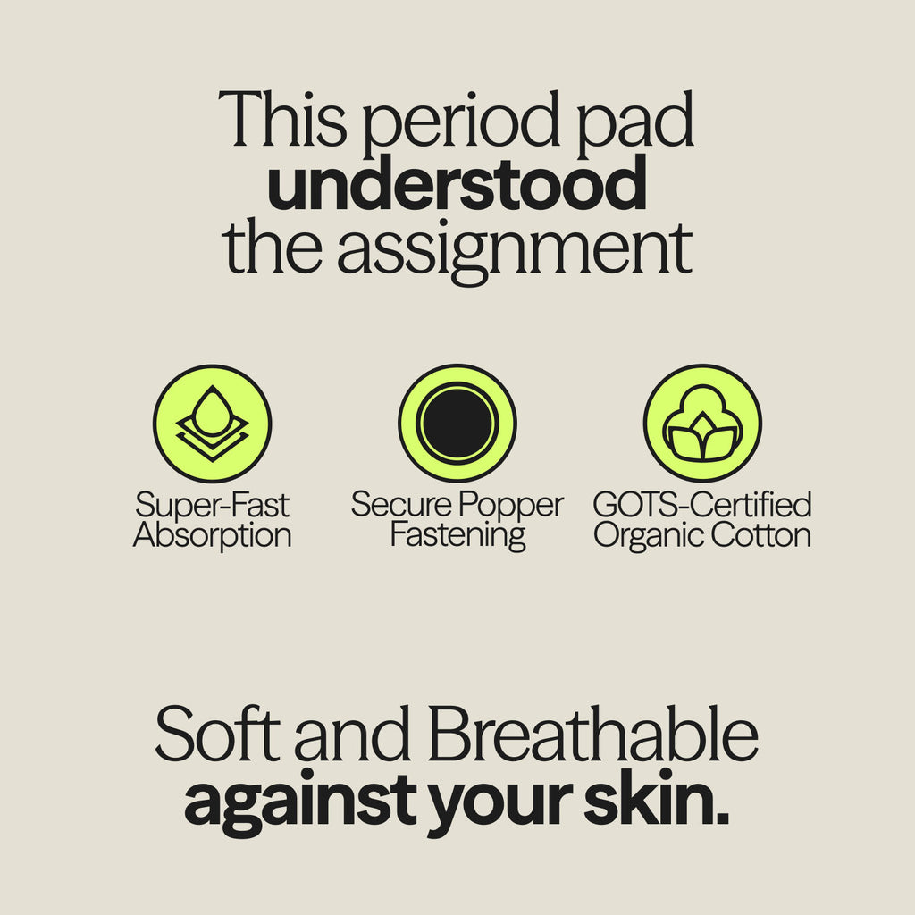 Graphic showing features of WUKA x Mooncup reusable period pad including super-fast absorption, popper fastening, and GOTS-certified organic cotton.