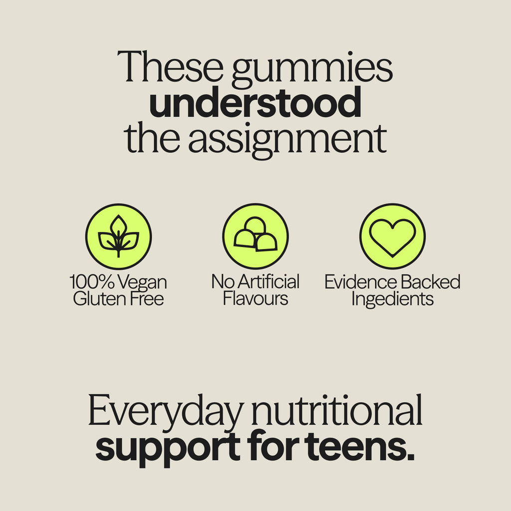 Key features of WUKA teen immunity support gummies: vegan, gluten-free, no artificial flavours, and made with evidence-backed ingredients.