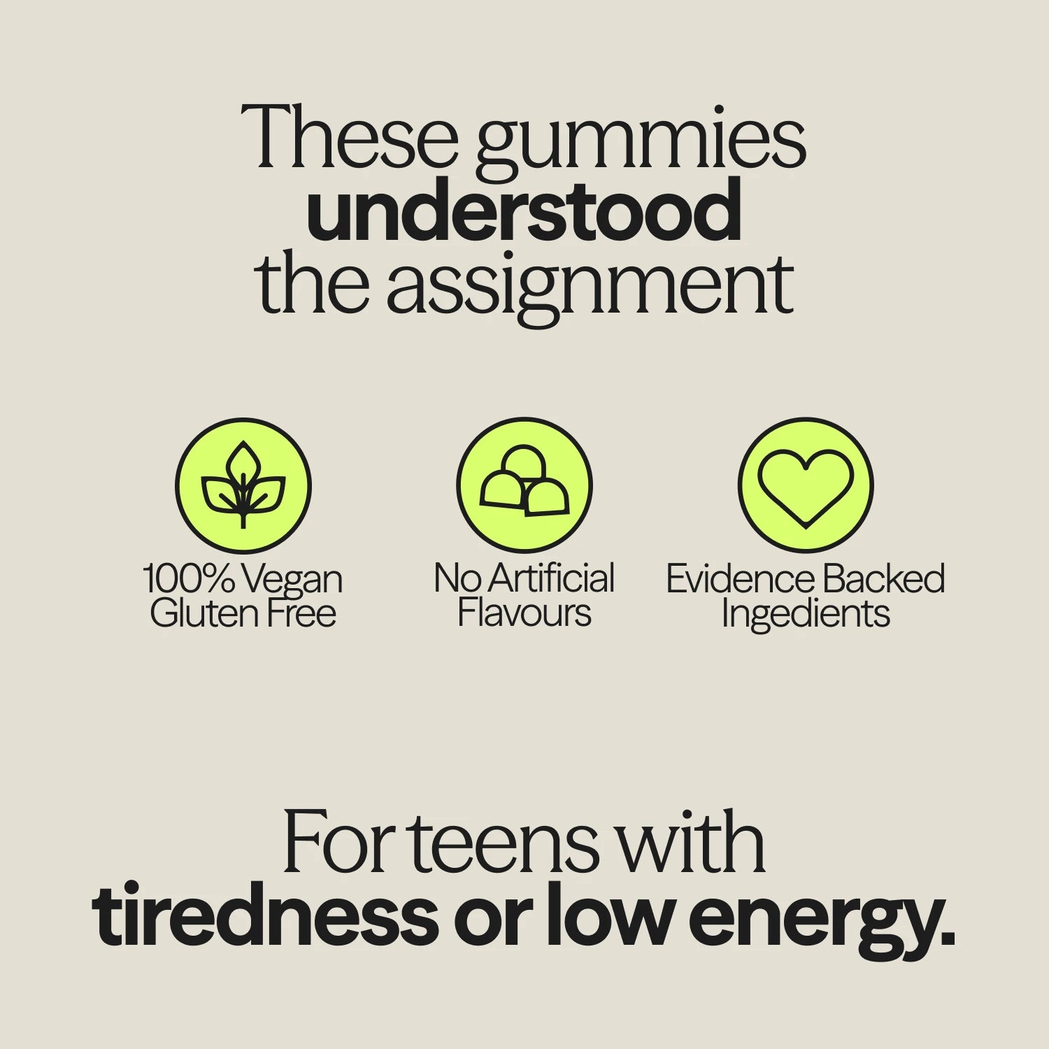 WUKA Teen Iron Gummies graphic showing features: vegan, gluten-free, no artificial flavours, and tailored for teens with low energy.